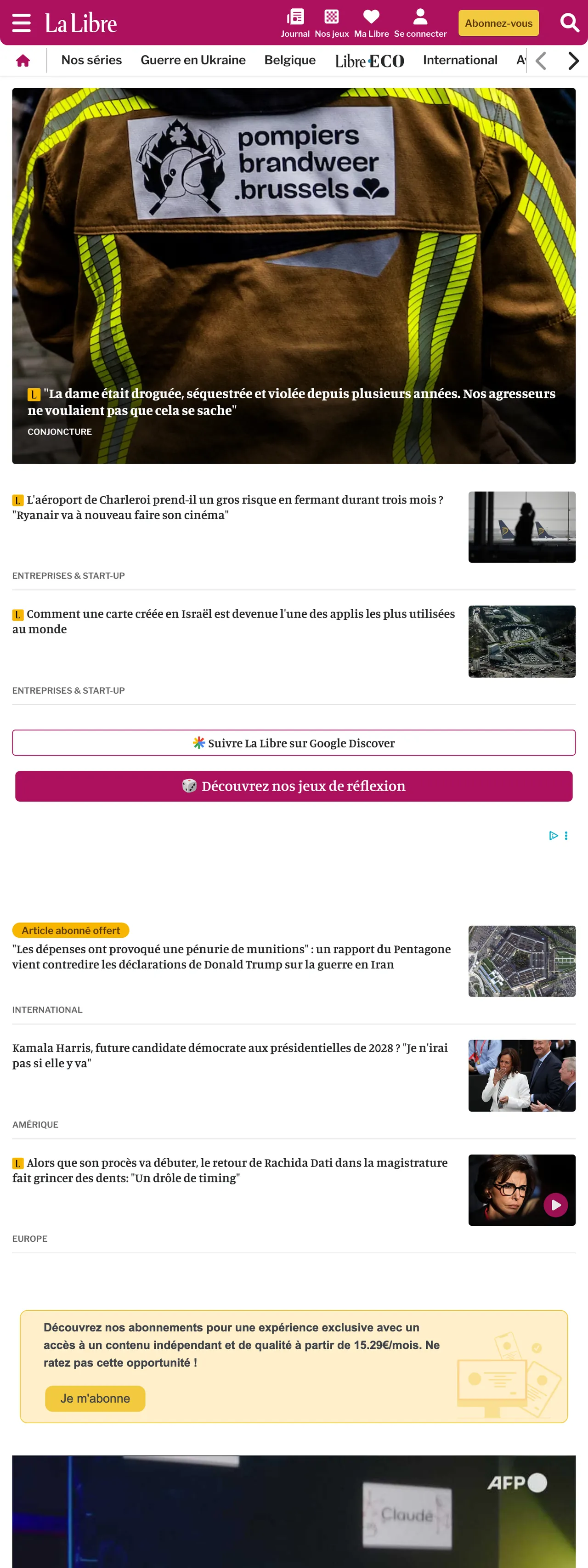 Screenshot of the La Libre front page