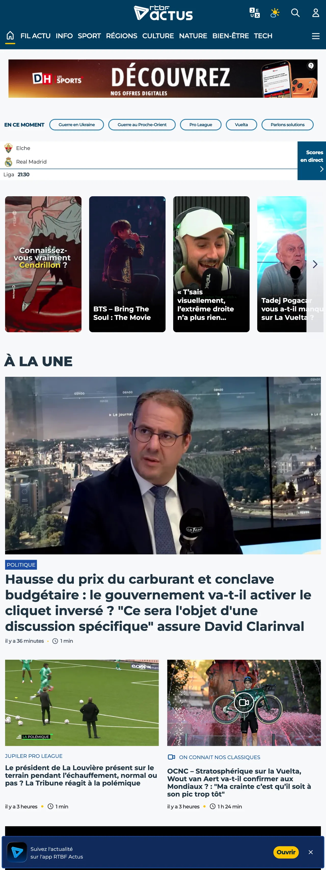 Screenshot of the RTBF front page