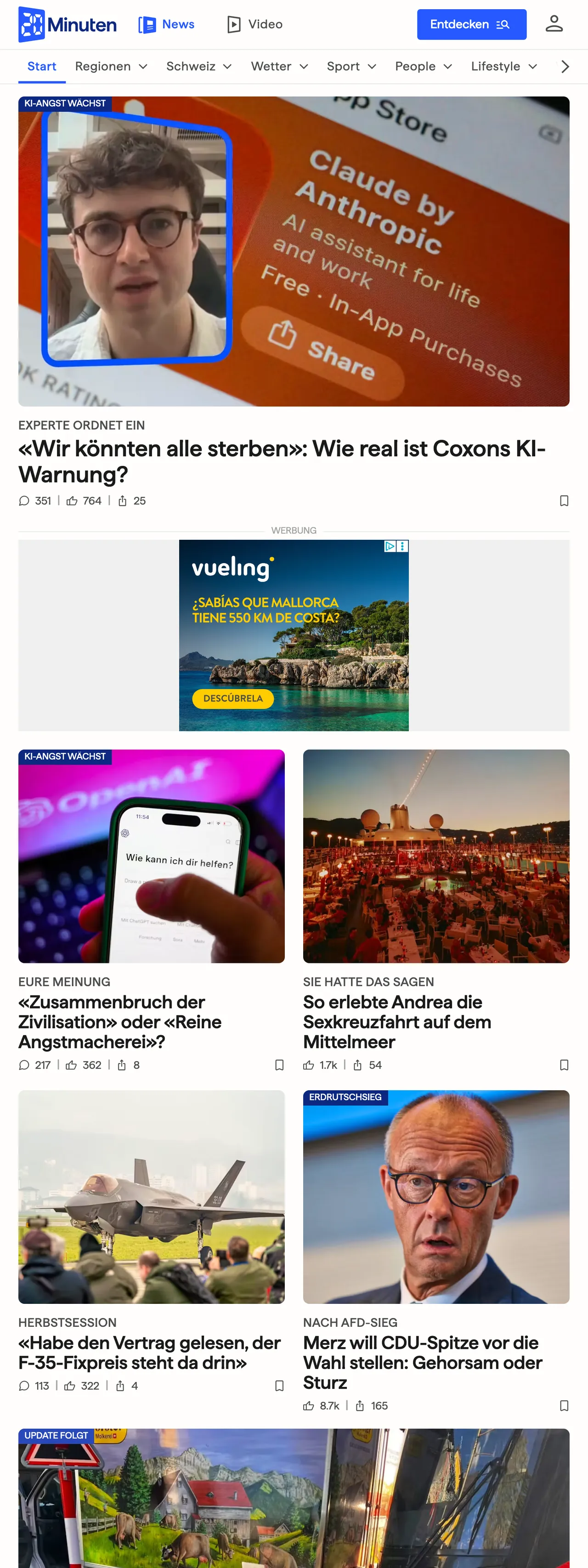 Screenshot of the 20 Minuten front page