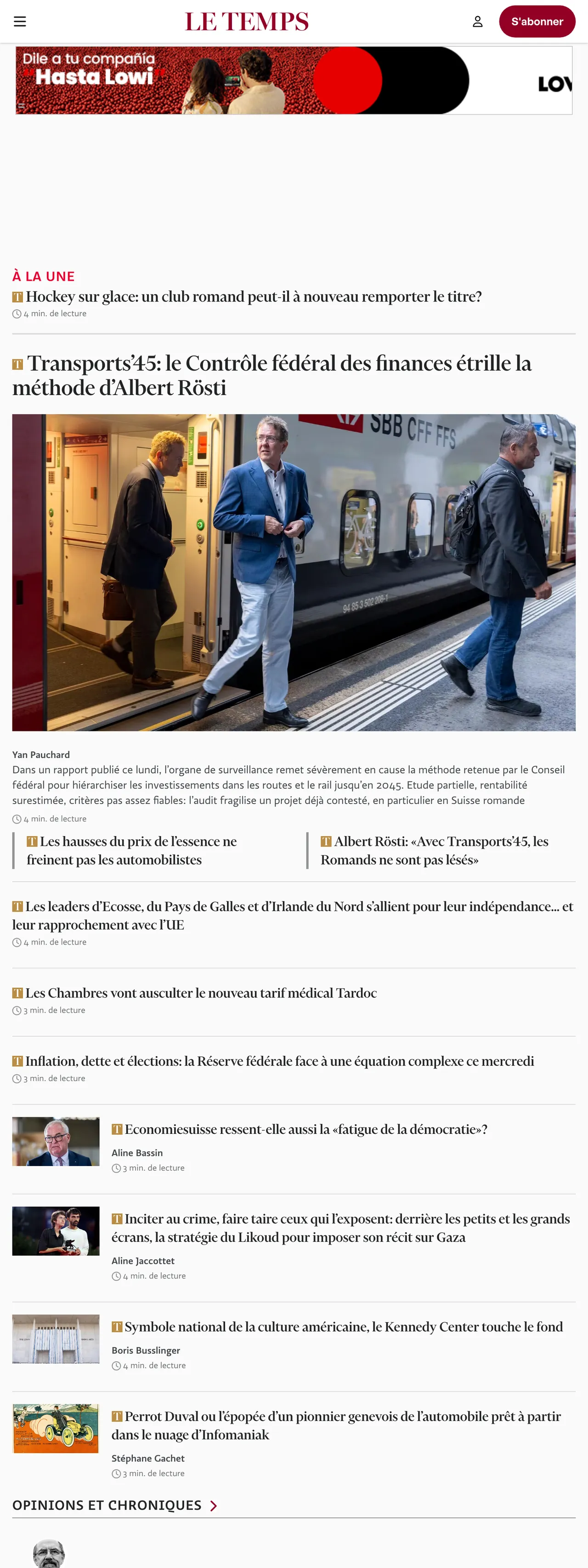 Screenshot of the Le Temps front page