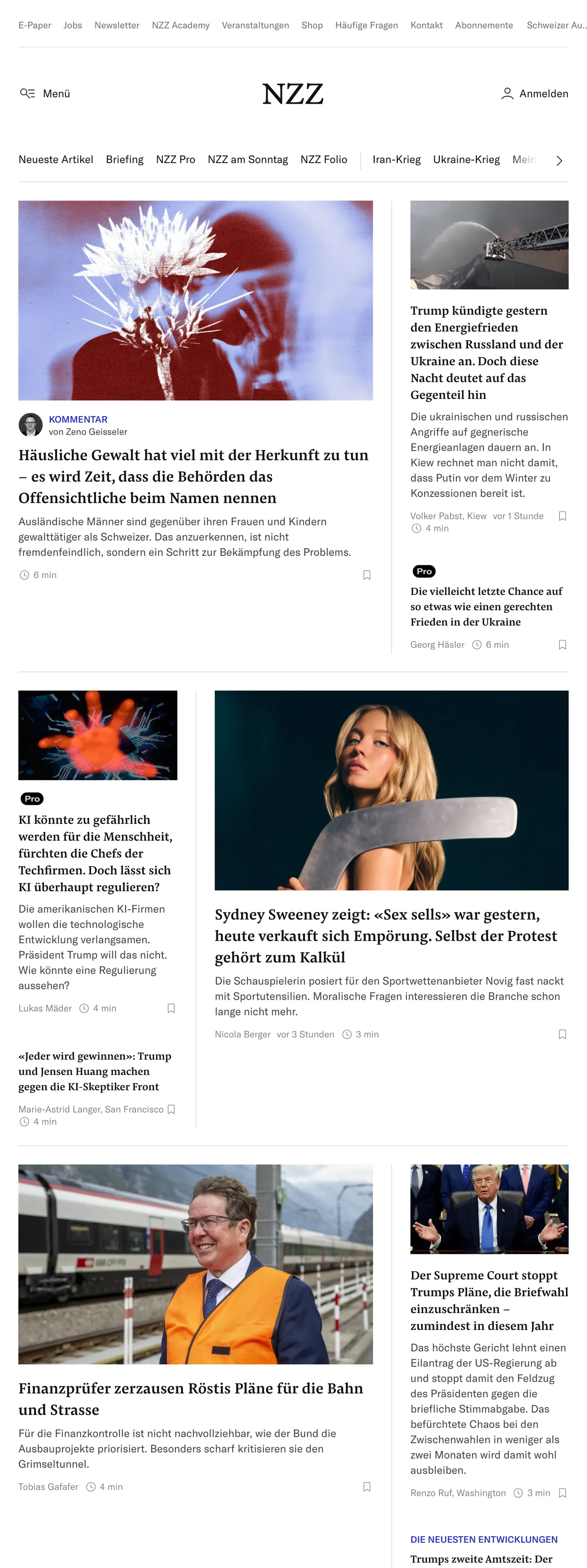 Screenshot of the Neue Zürcher Zeitung front page