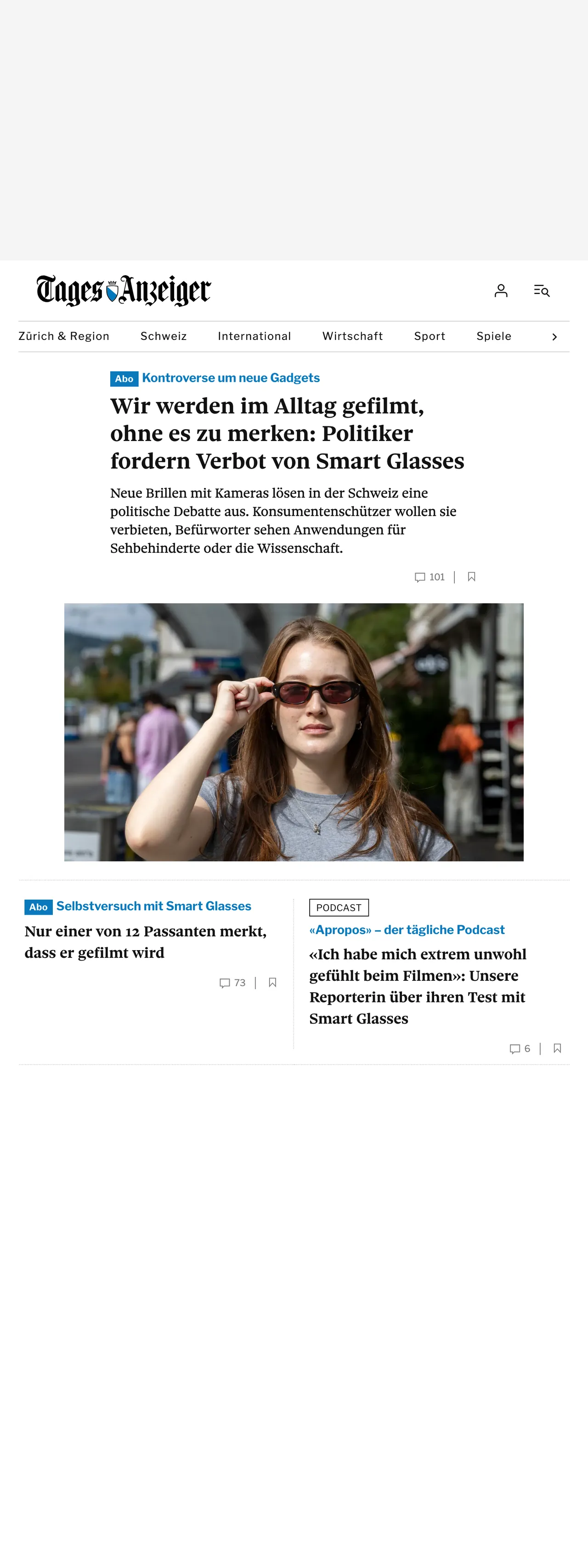 Screenshot of the Tages-Anzeiger front page