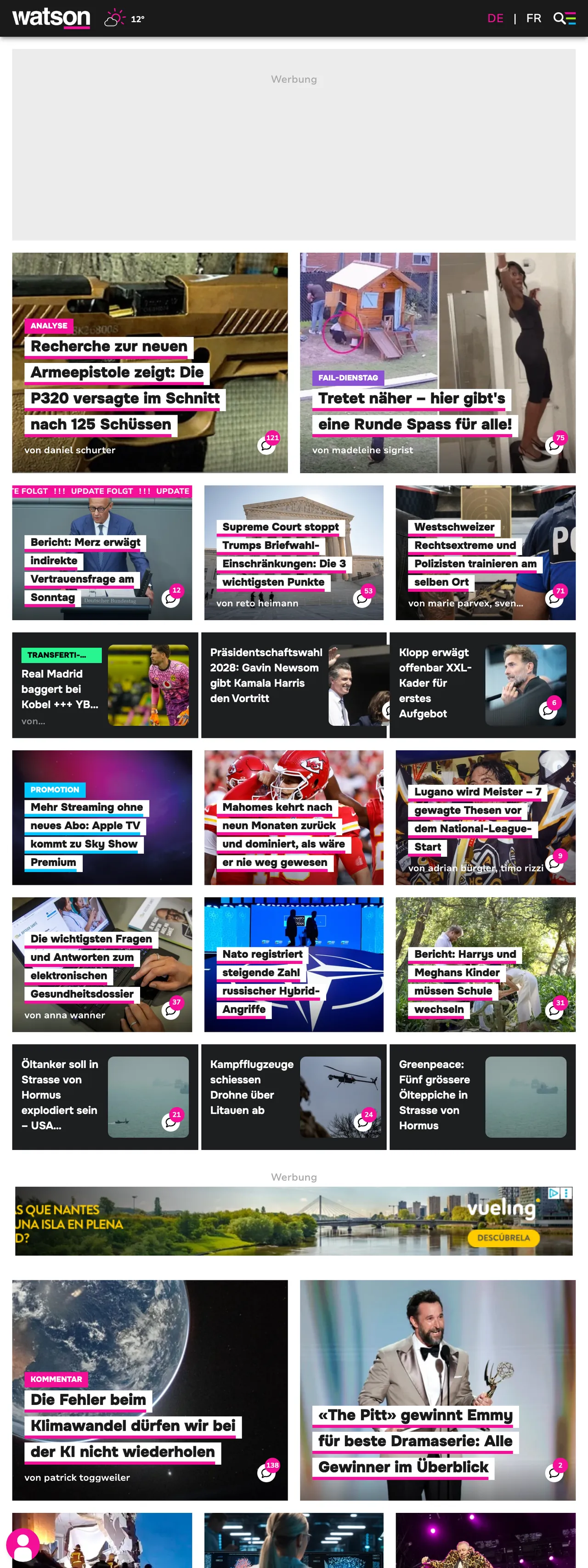 Screenshot of the watson front page