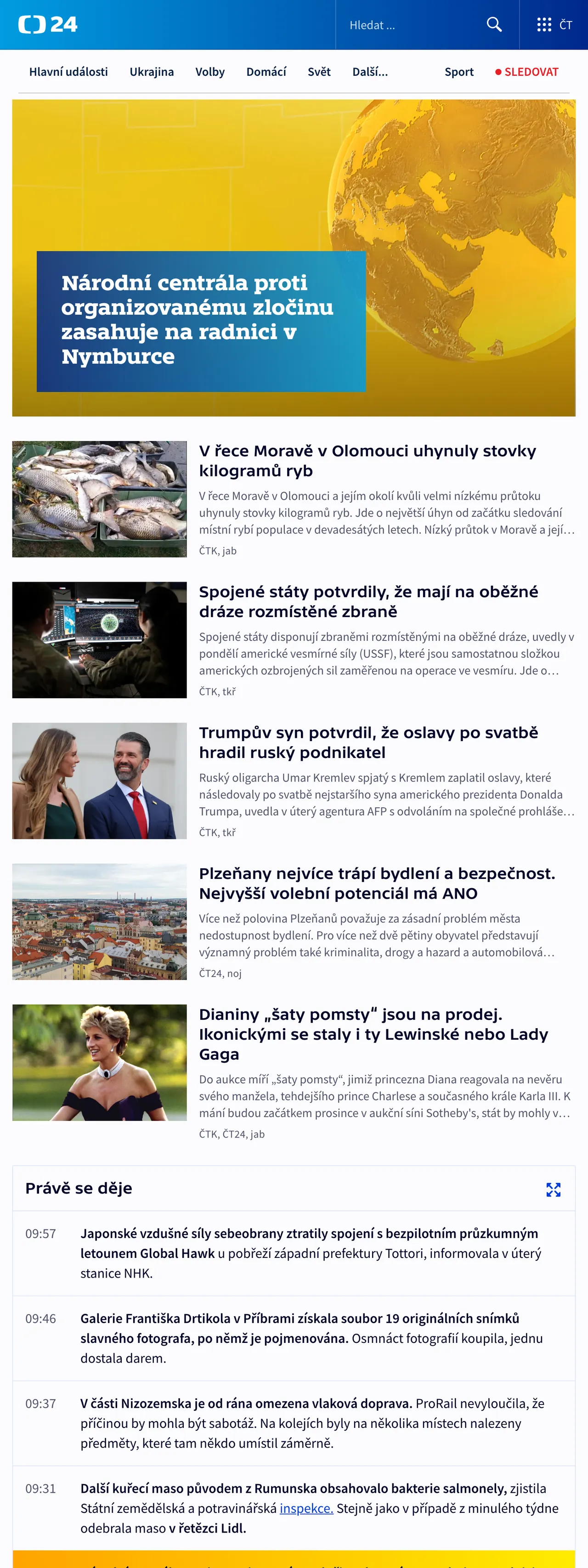 Screenshot of the ČT24 front page