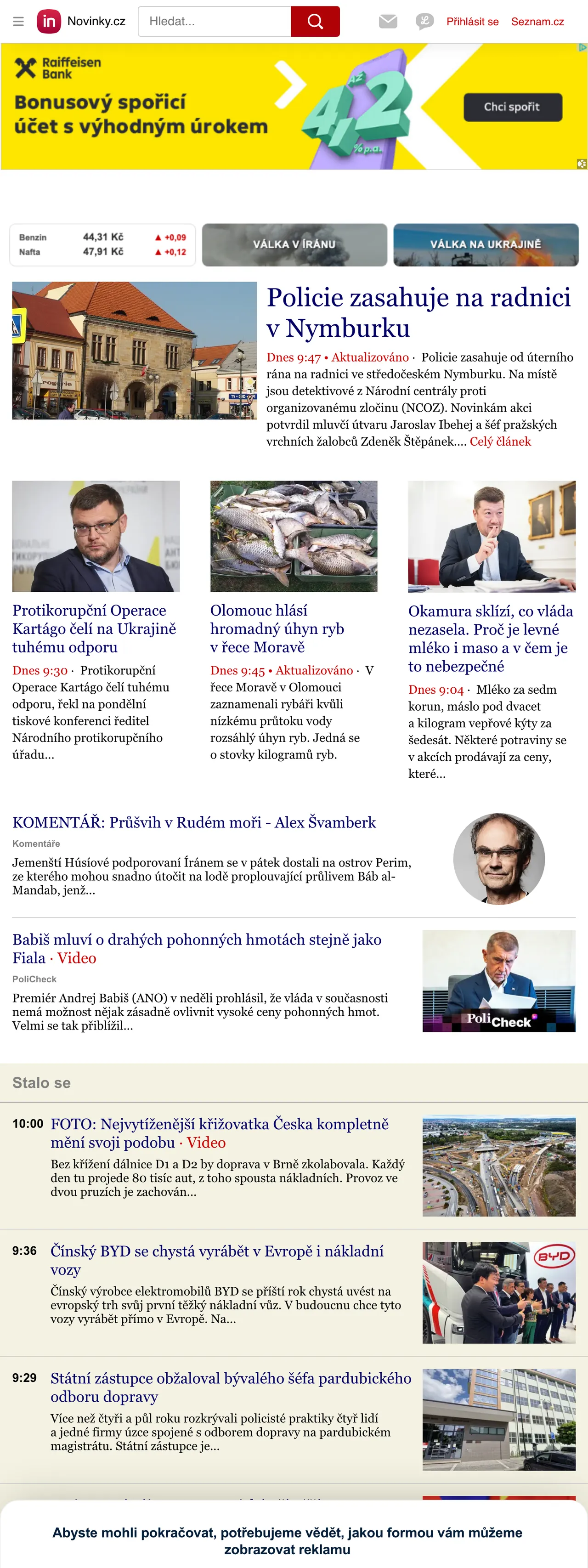 Screenshot of the Novinky.cz front page