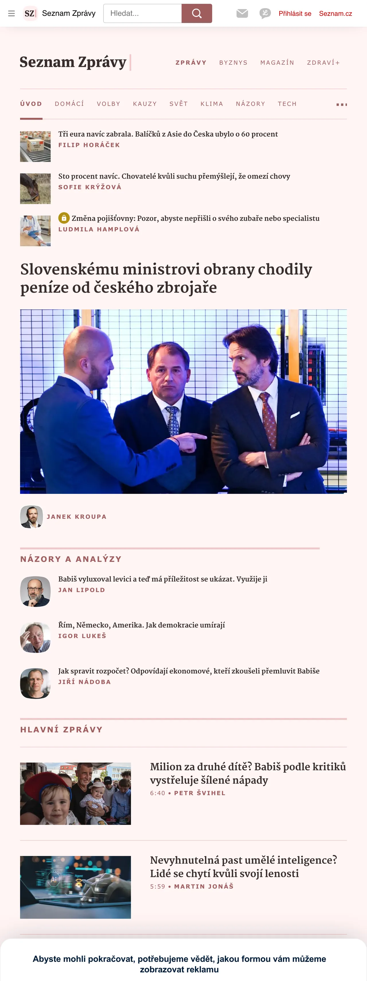 Screenshot of the Seznam Zprávy front page