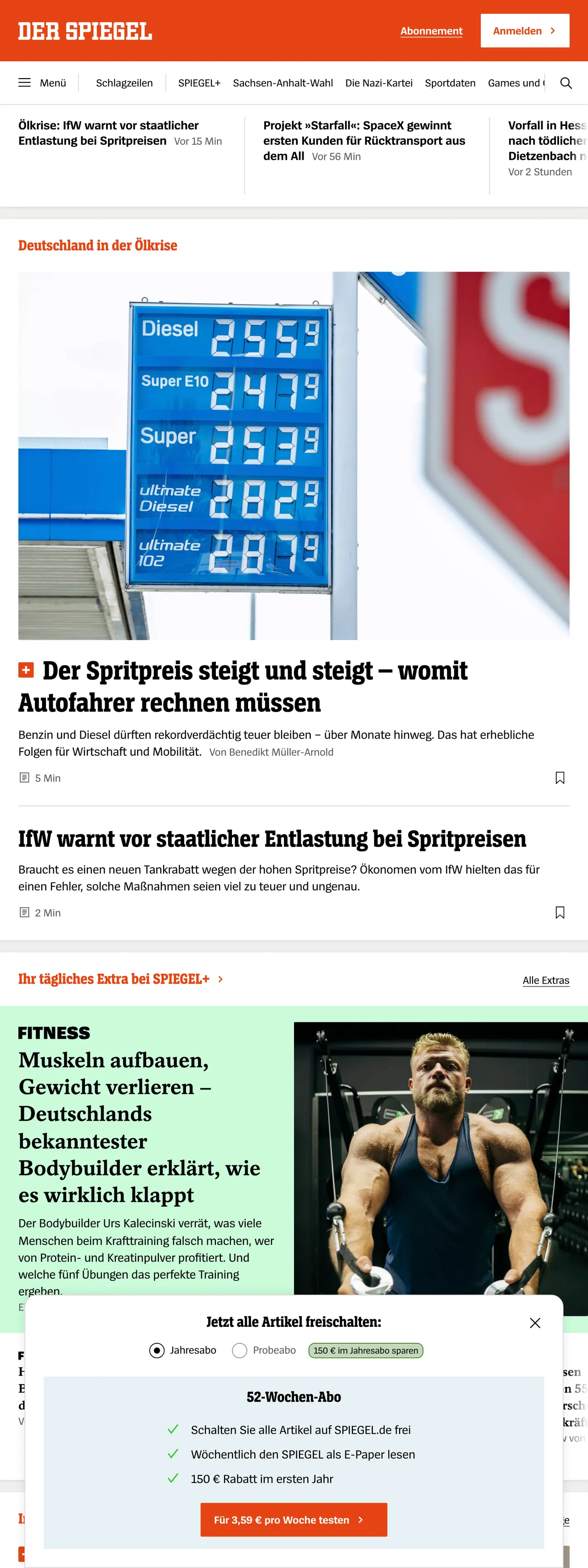Screenshot of the DER SPIEGEL front page
