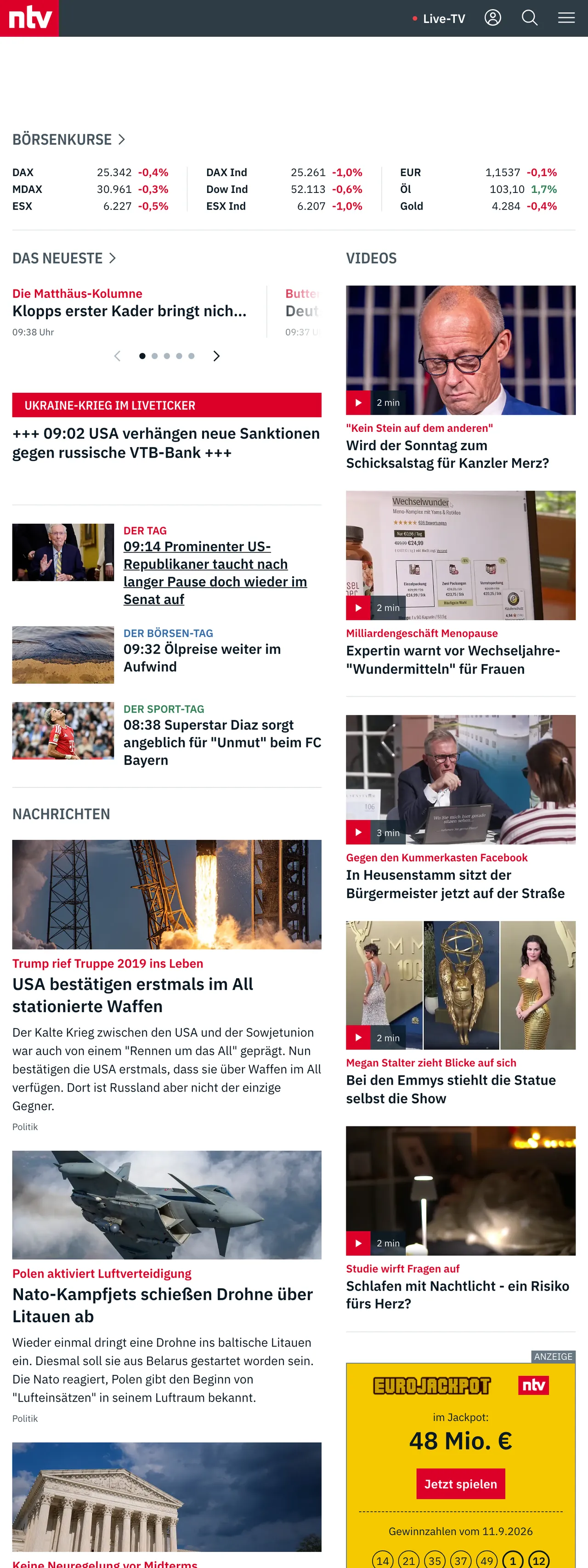 Screenshot of the n-tv front page