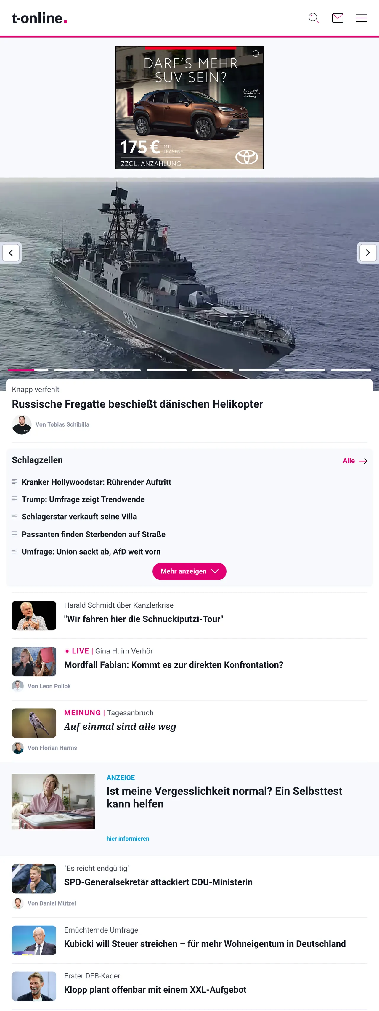 Screenshot of the t-online front page