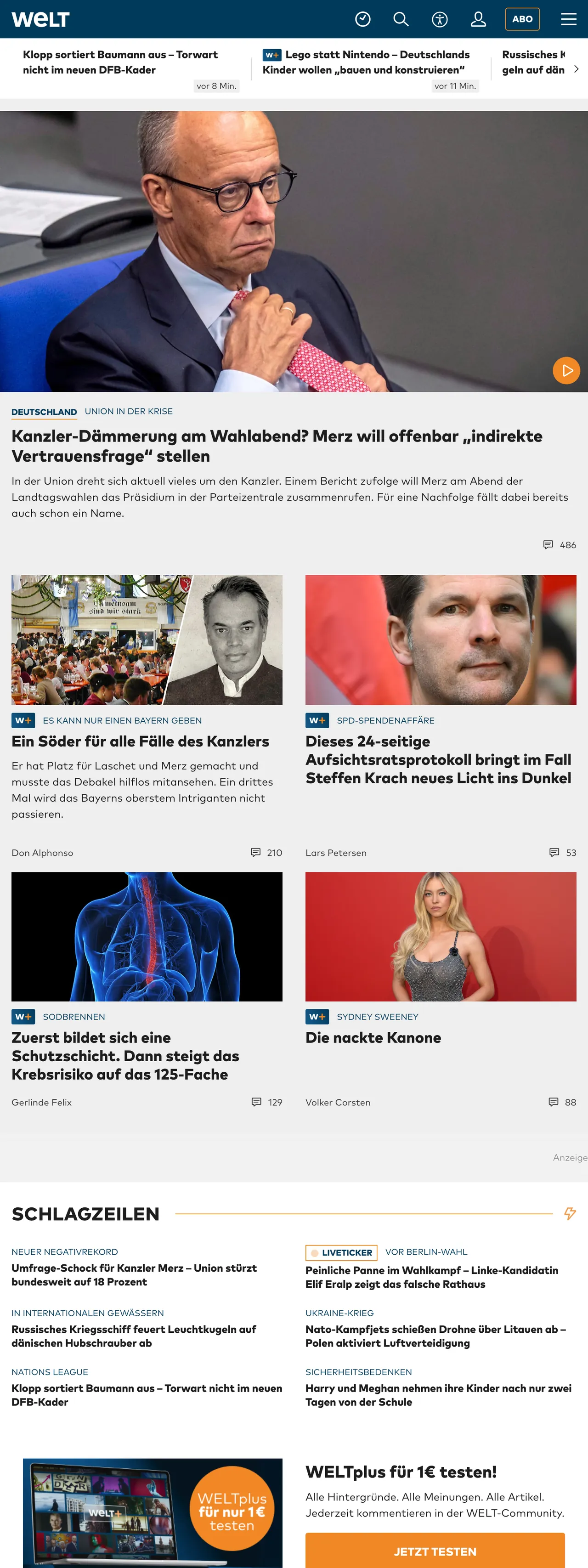 Screenshot of the WELT front page