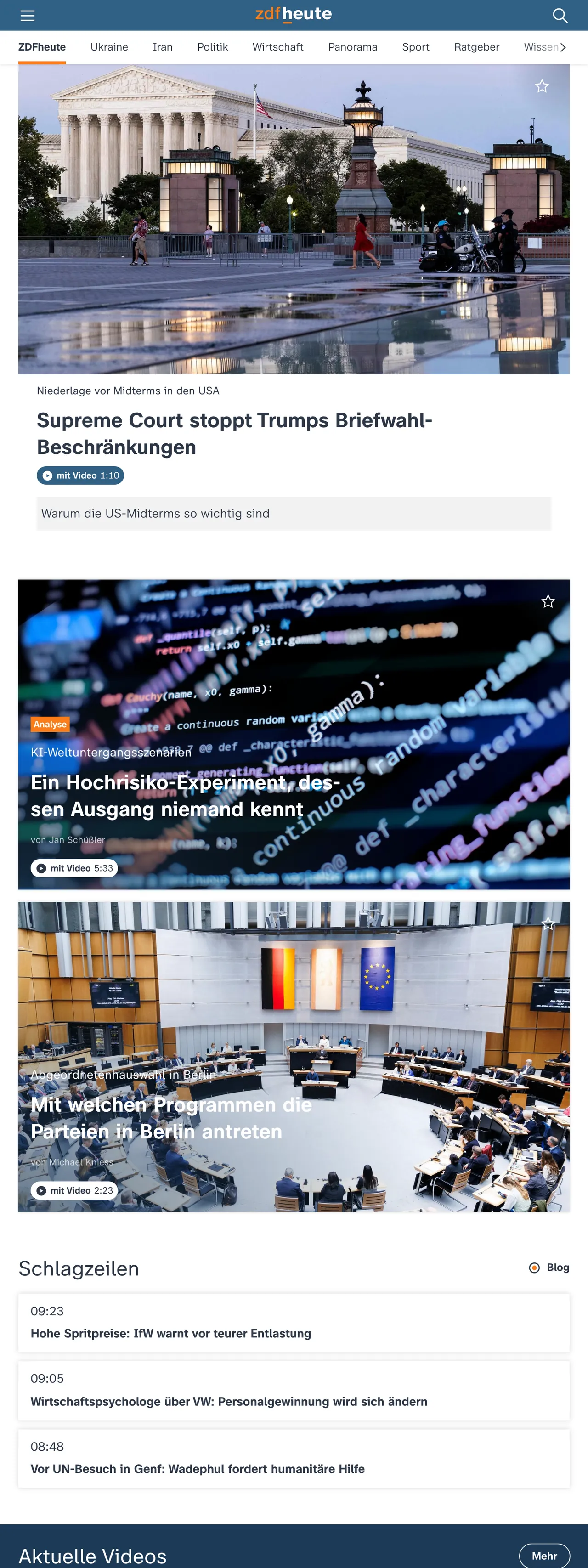 Screenshot of the ZDFheute front page