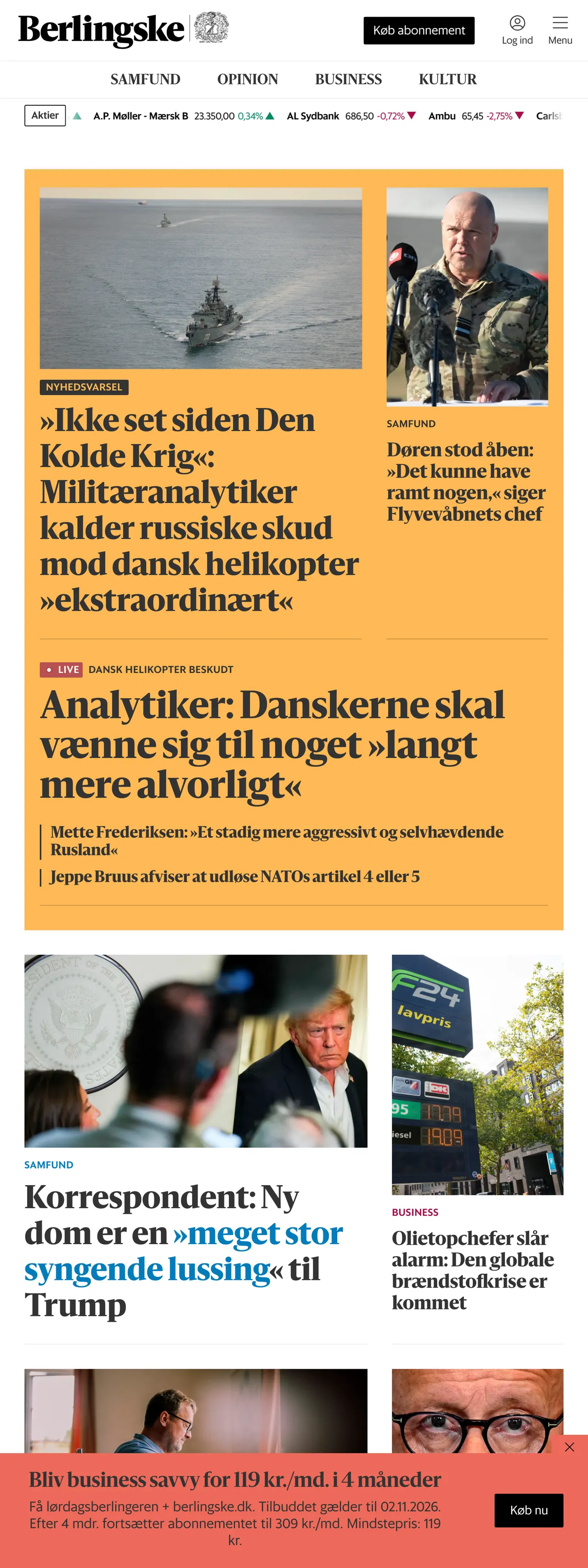 Screenshot of the Berlingske front page