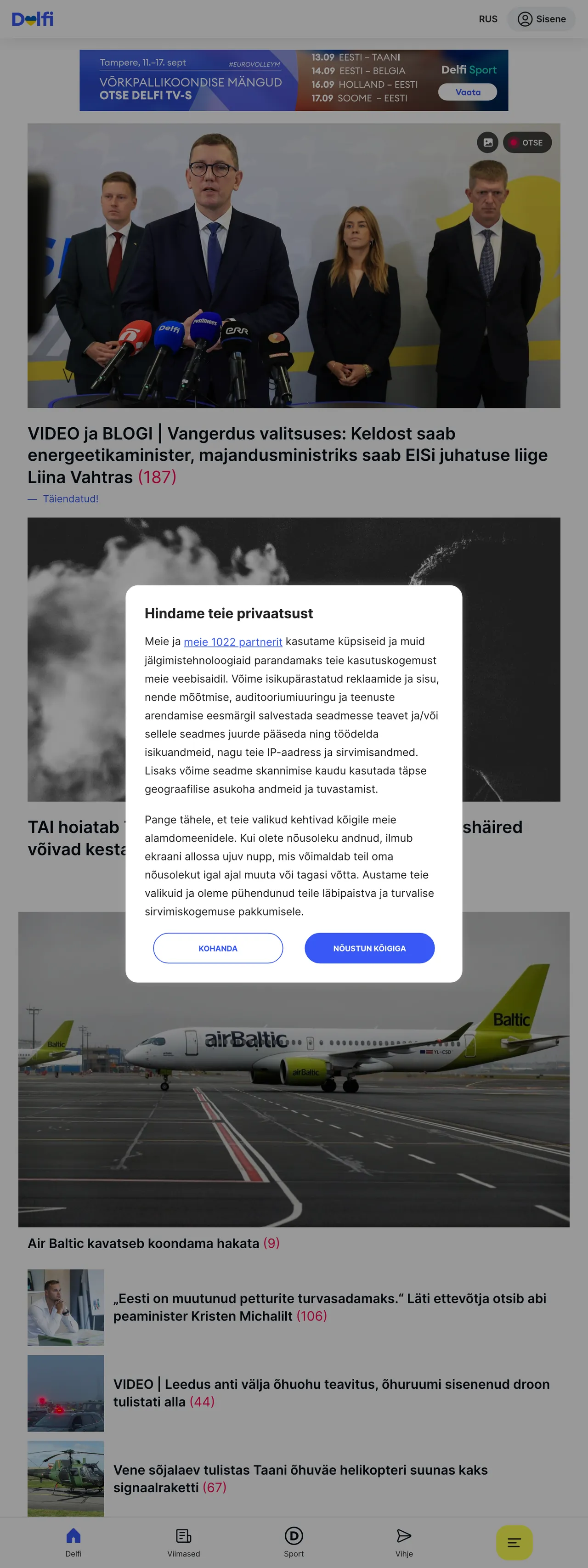Screenshot of the Delfi front page