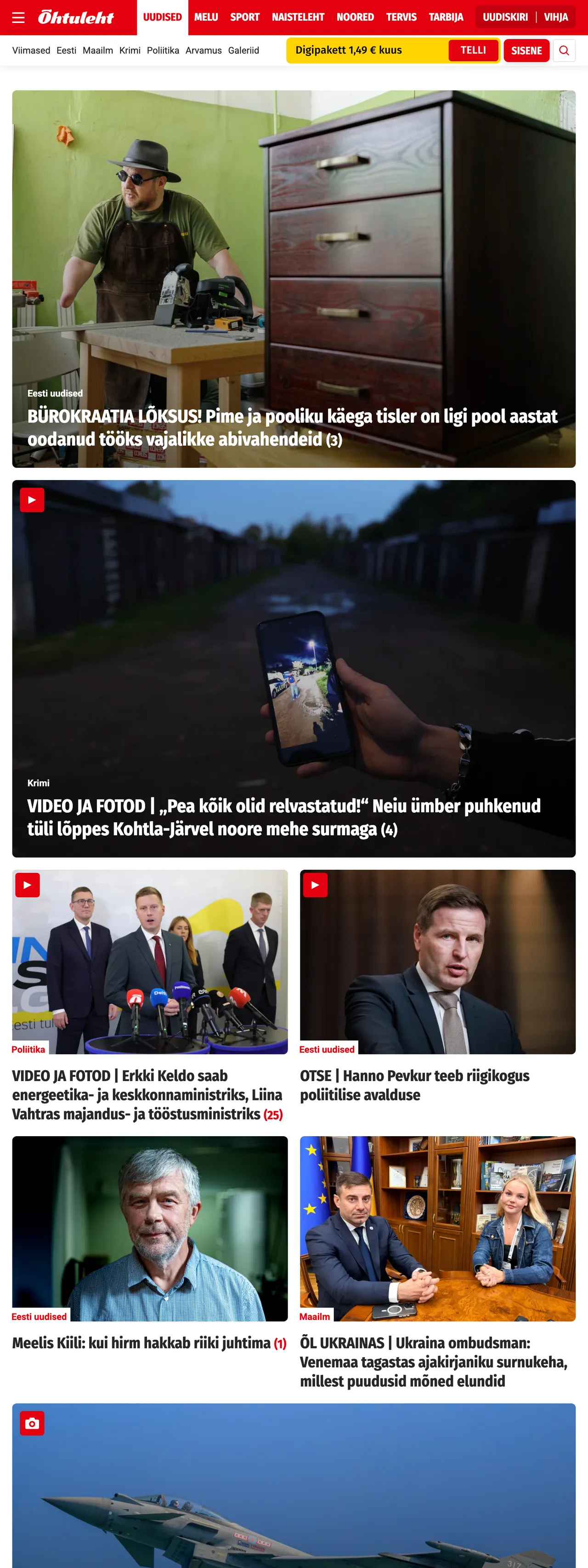 Screenshot of the Õhtuleht front page