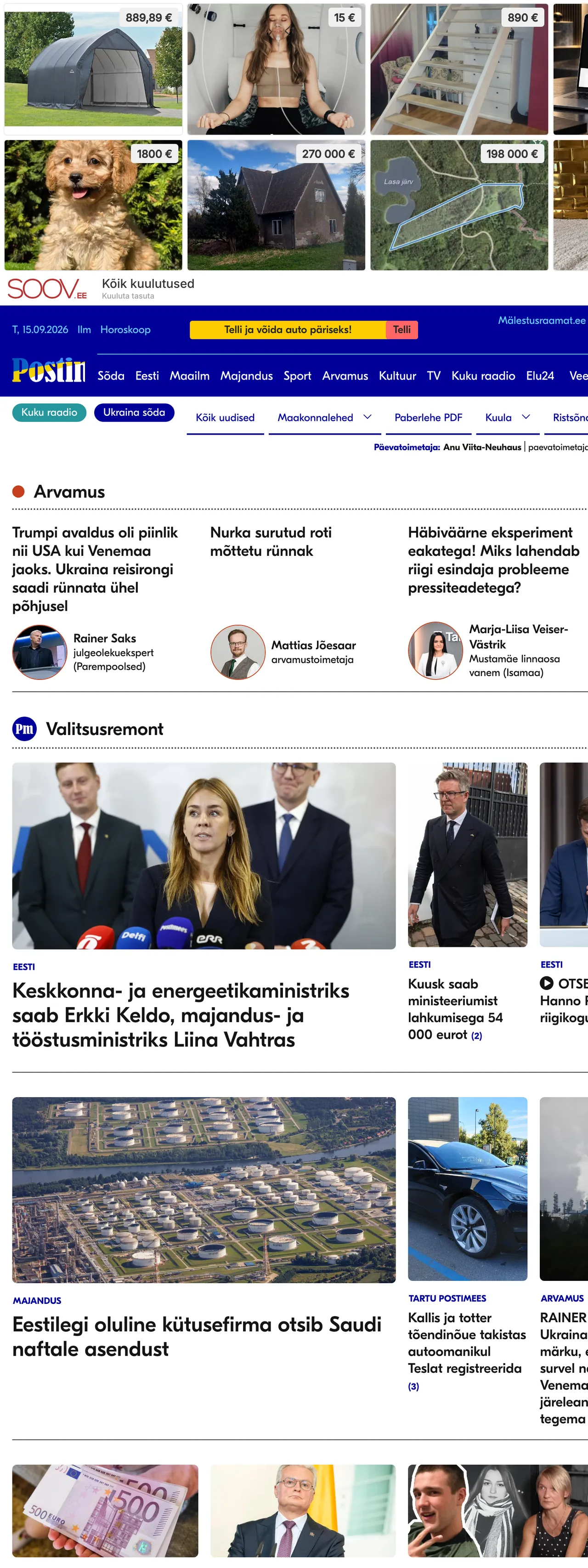 Screenshot of the Postimees front page