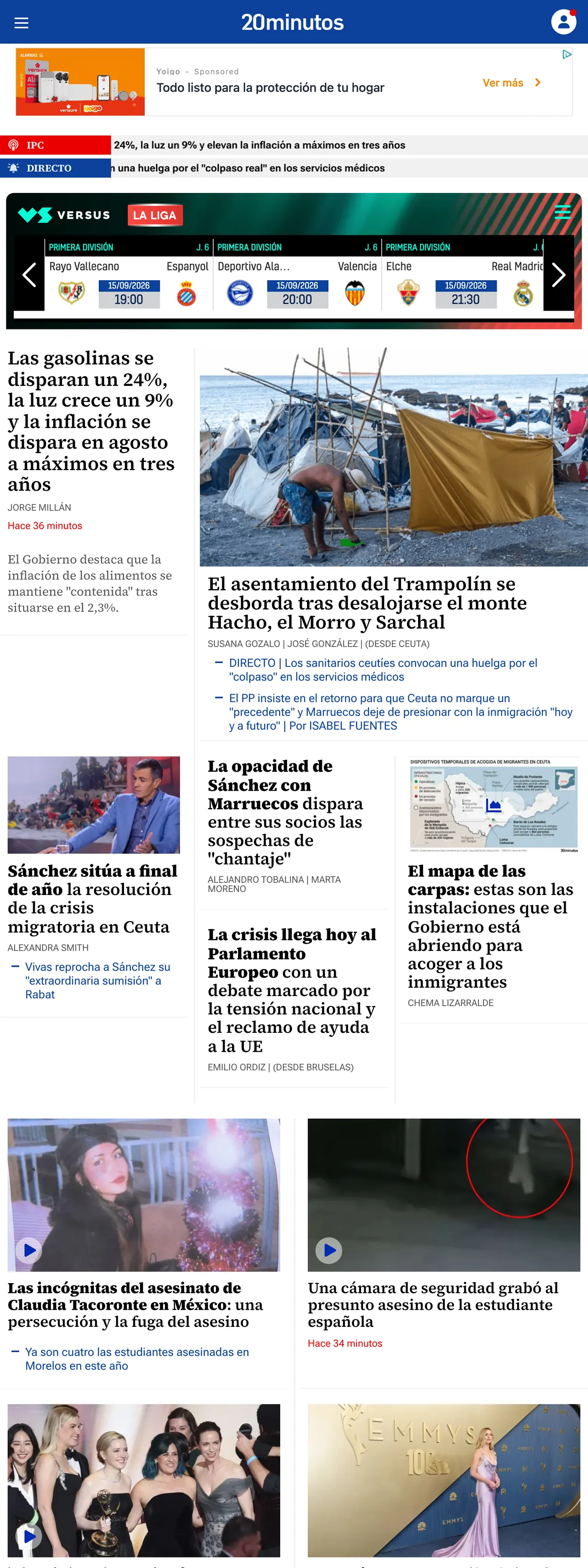 Screenshot of the 20minutos front page