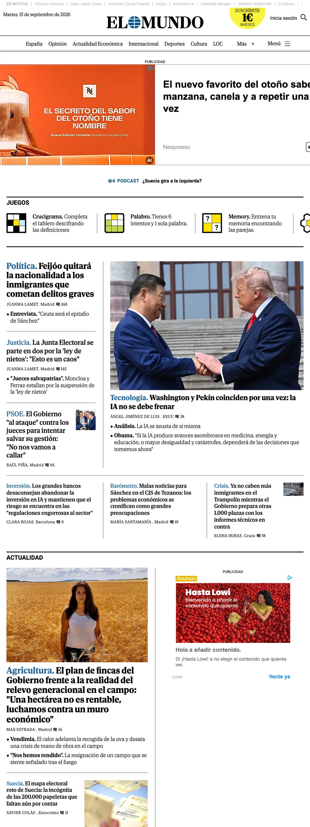 Screenshot of the El Mundo front page