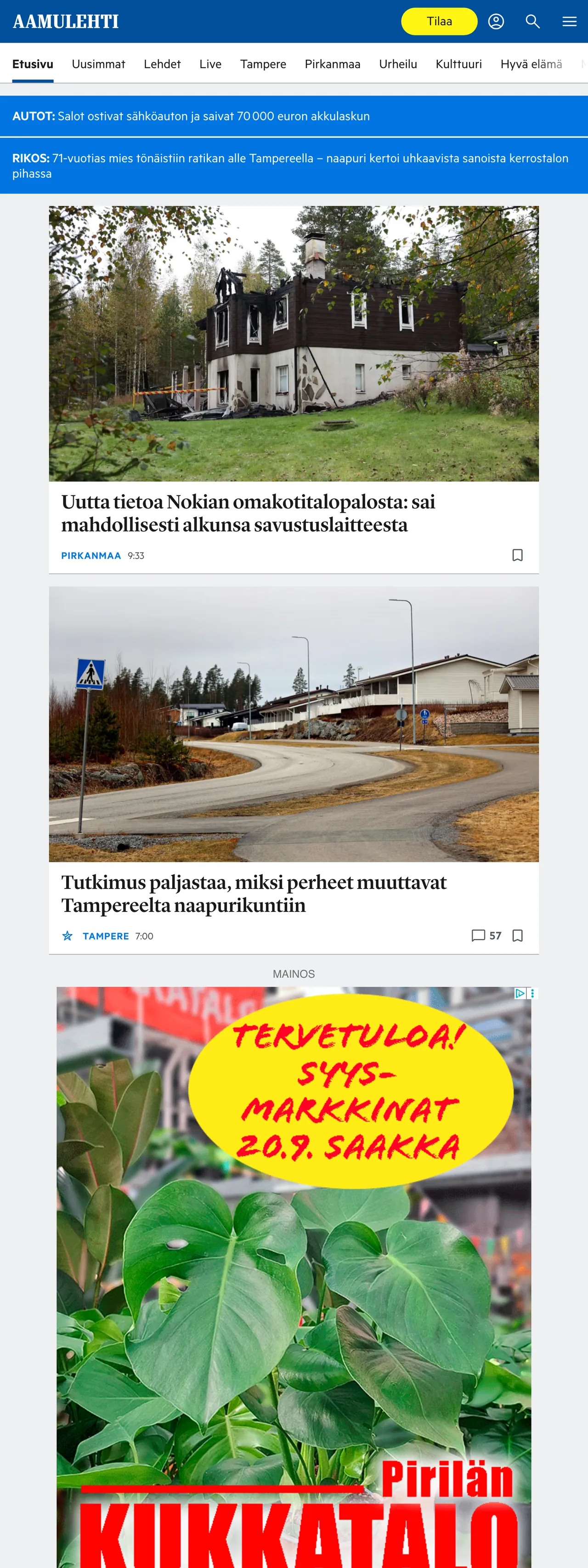 Screenshot of the Aamulehti front page