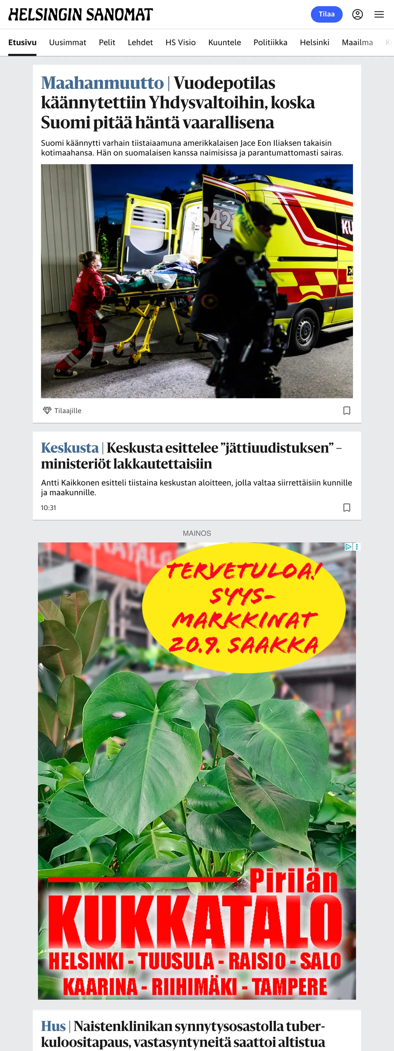 Screenshot of the Helsingin Sanomat front page