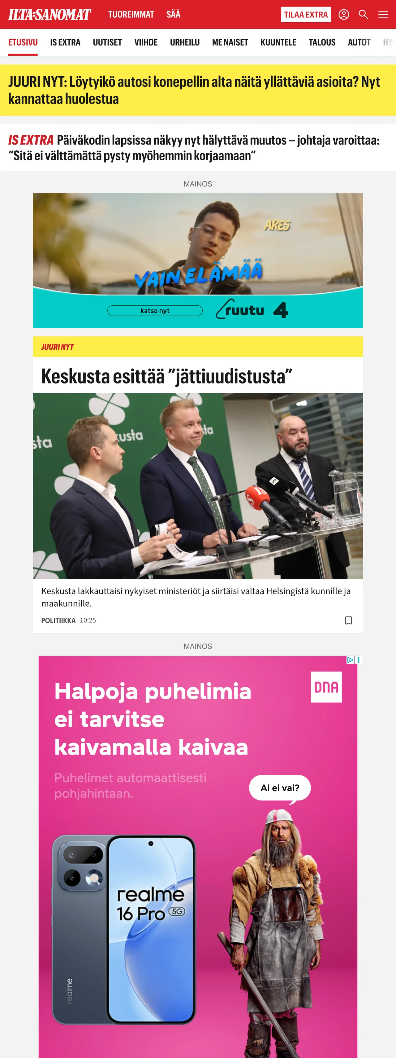 Screenshot of the Ilta-Sanomat front page