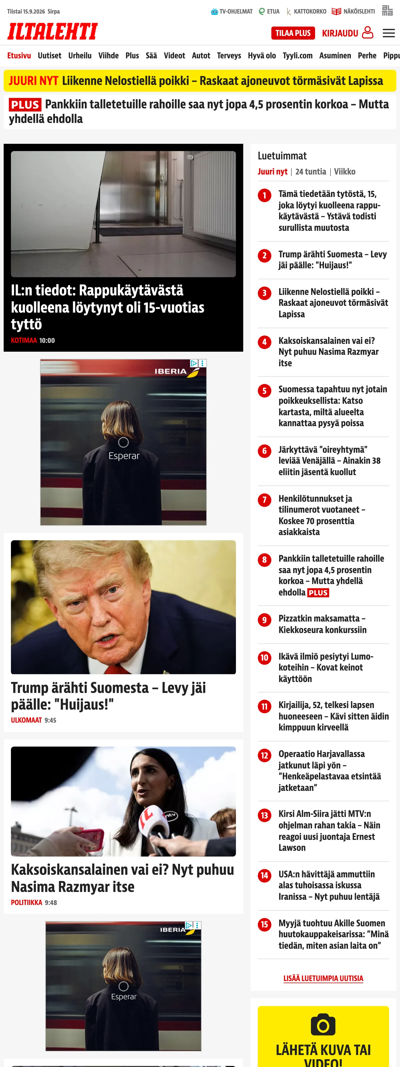 Screenshot of the Iltalehti front page