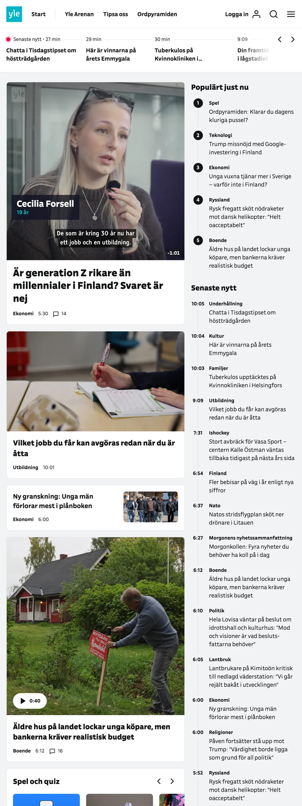 Screenshot of the Svenska Yle front page