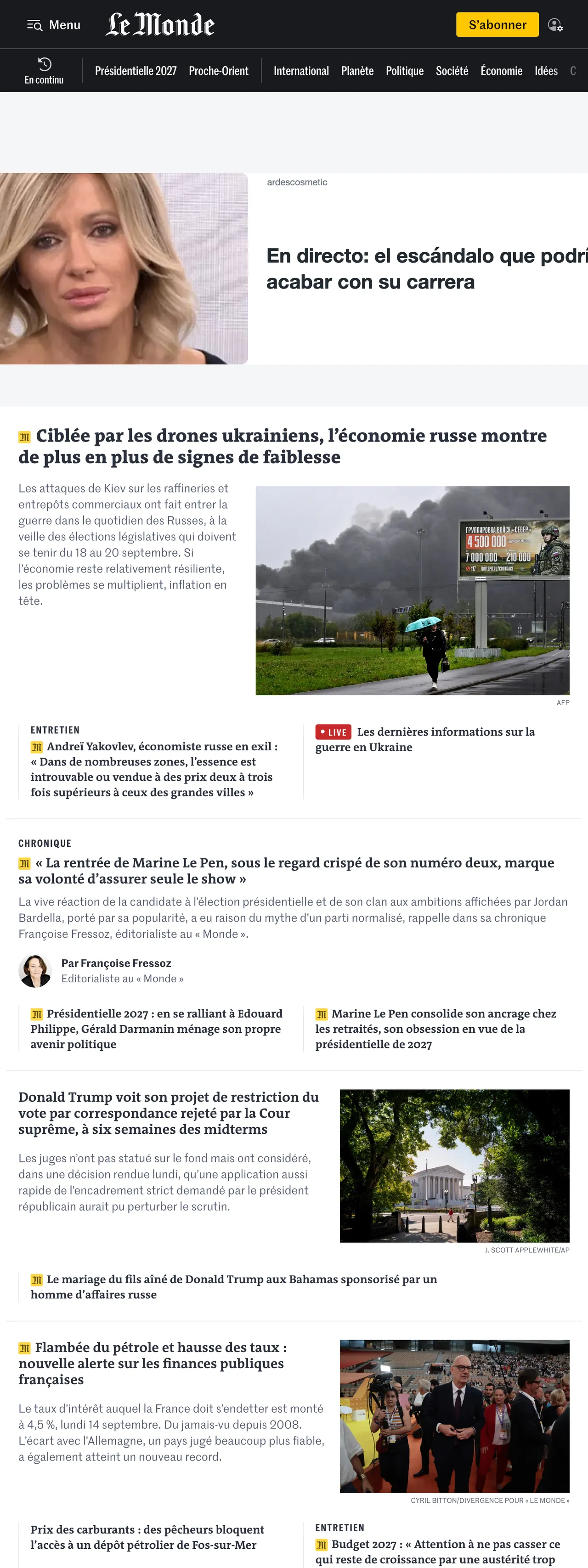 Screenshot of the Le Monde front page