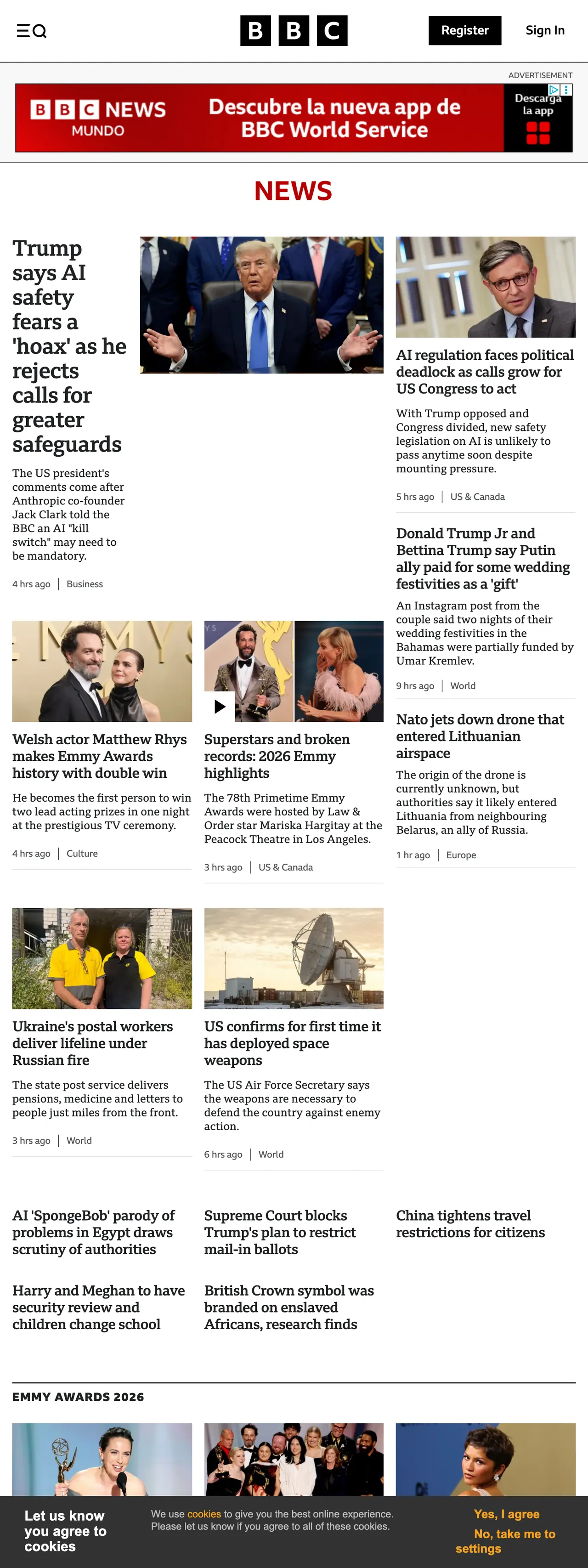 Screenshot of the BBC News front page