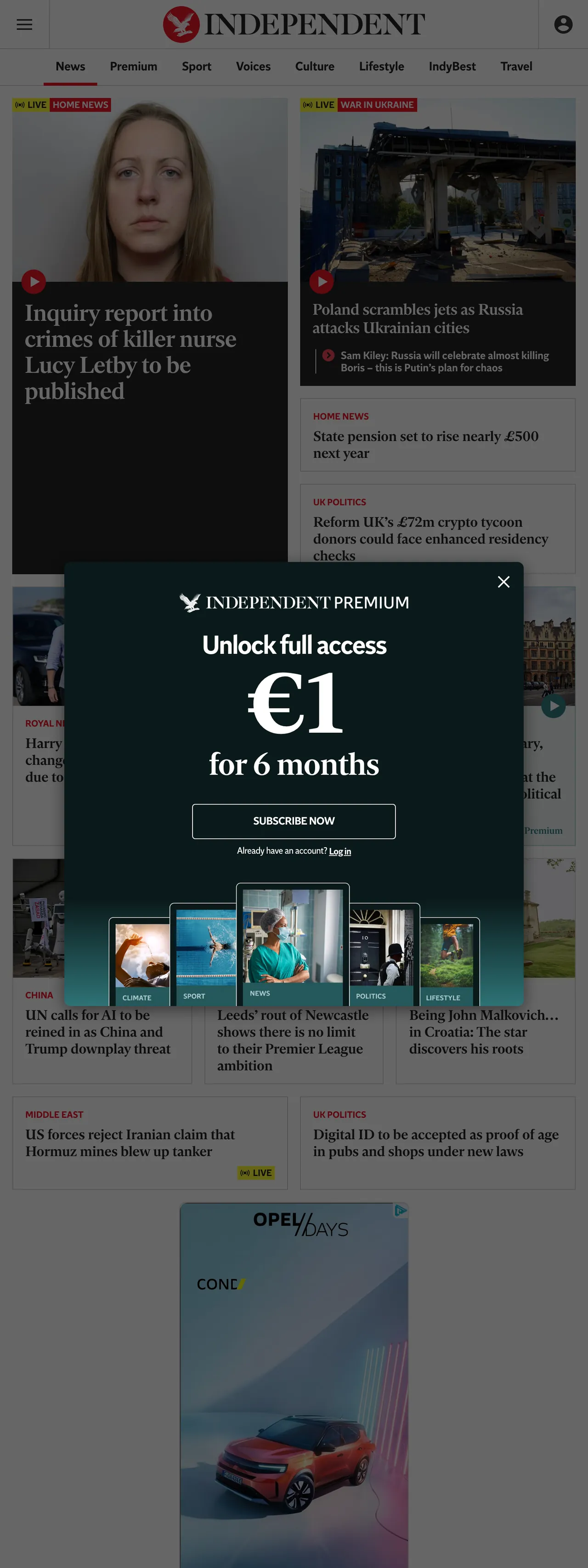 Screenshot of the The Independent front page
