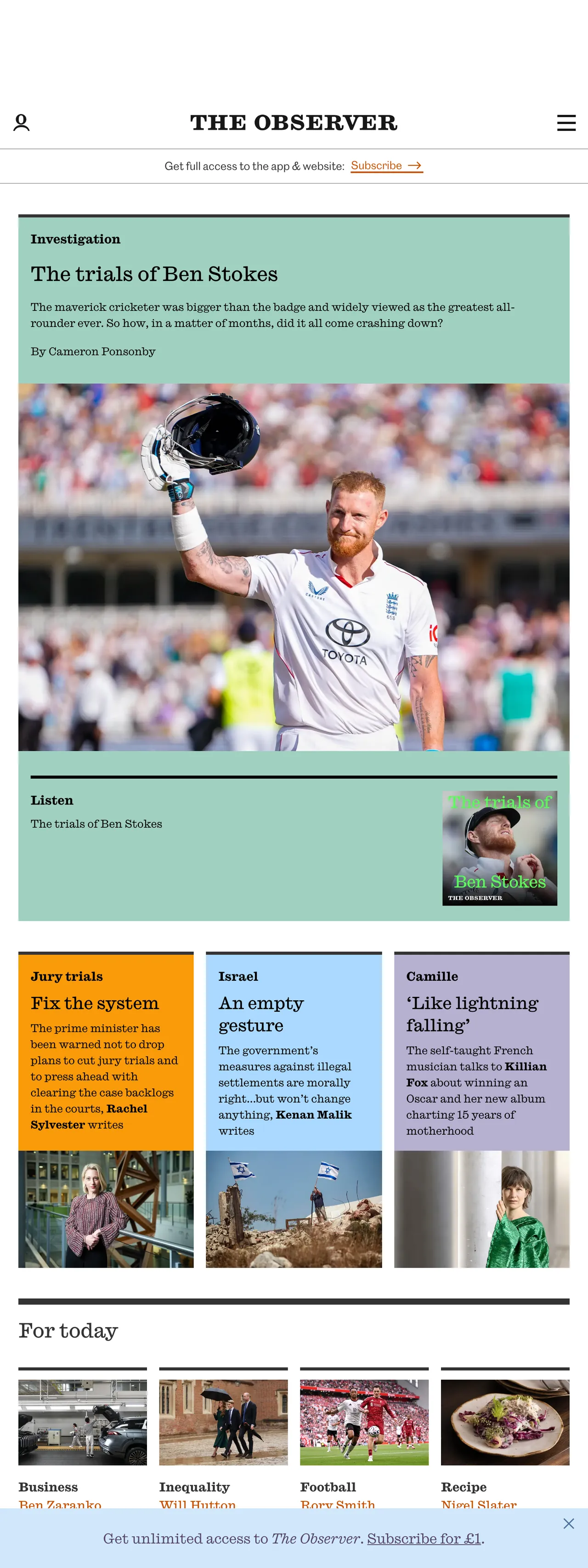 Screenshot of the The Observer front page