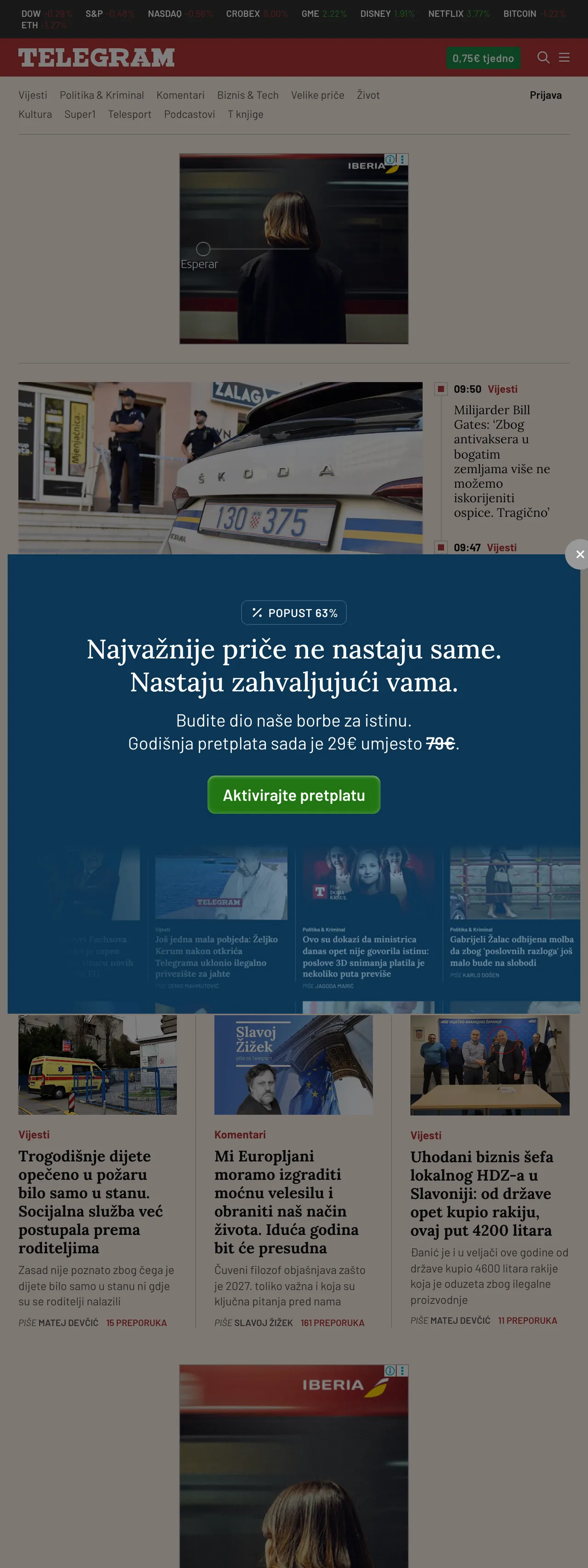 Screenshot of the Telegram.hr front page