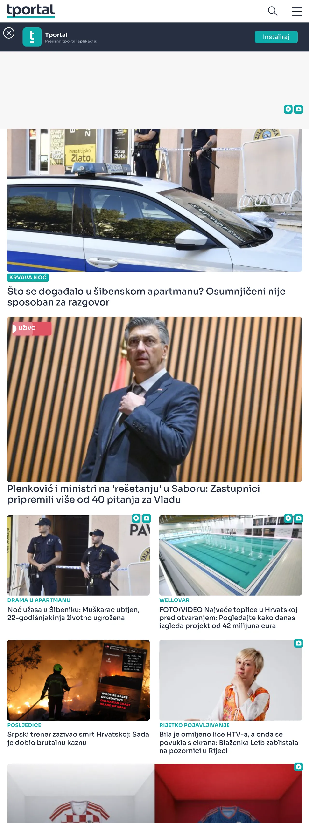 Screenshot of the tportal front page