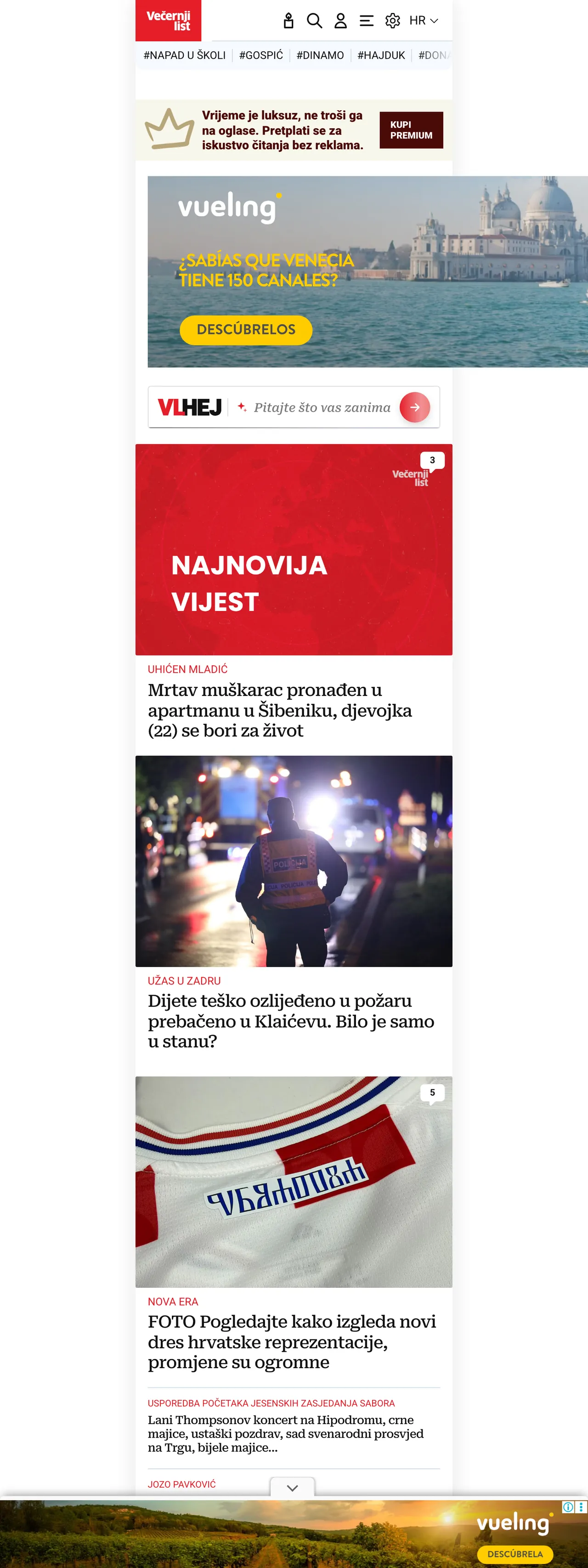 Screenshot of the Večernji list front page