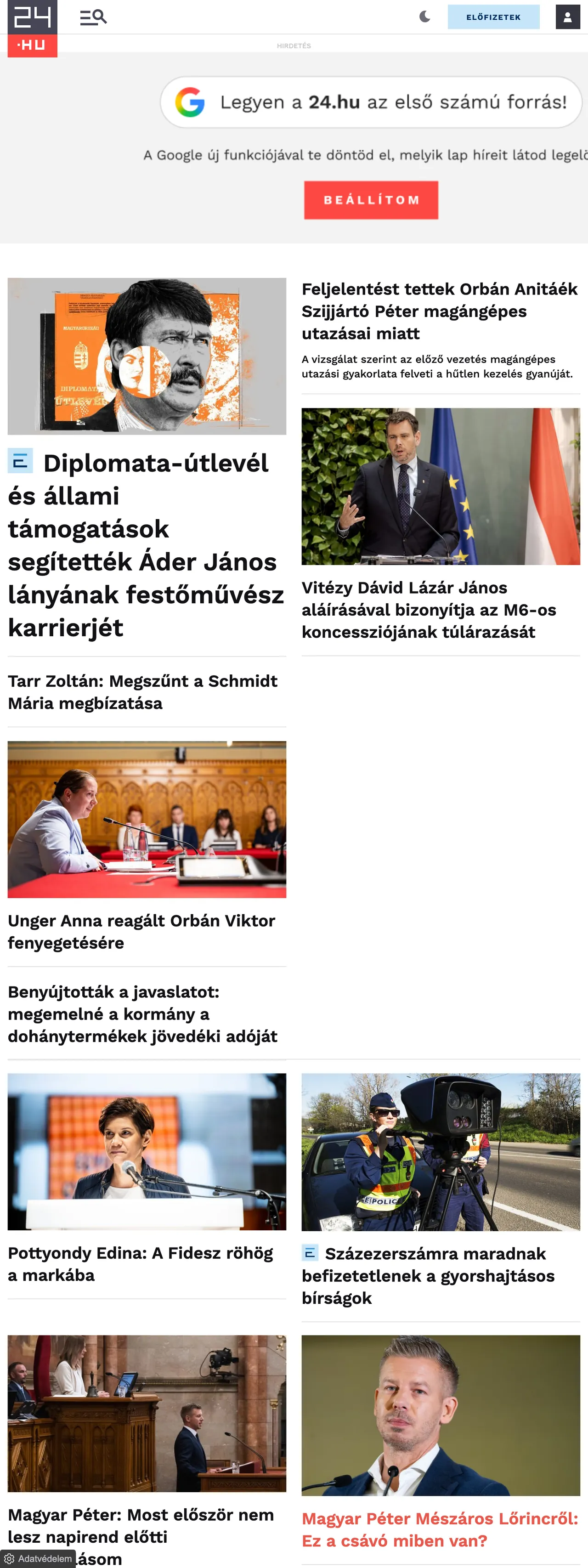 Screenshot of the 24.hu front page