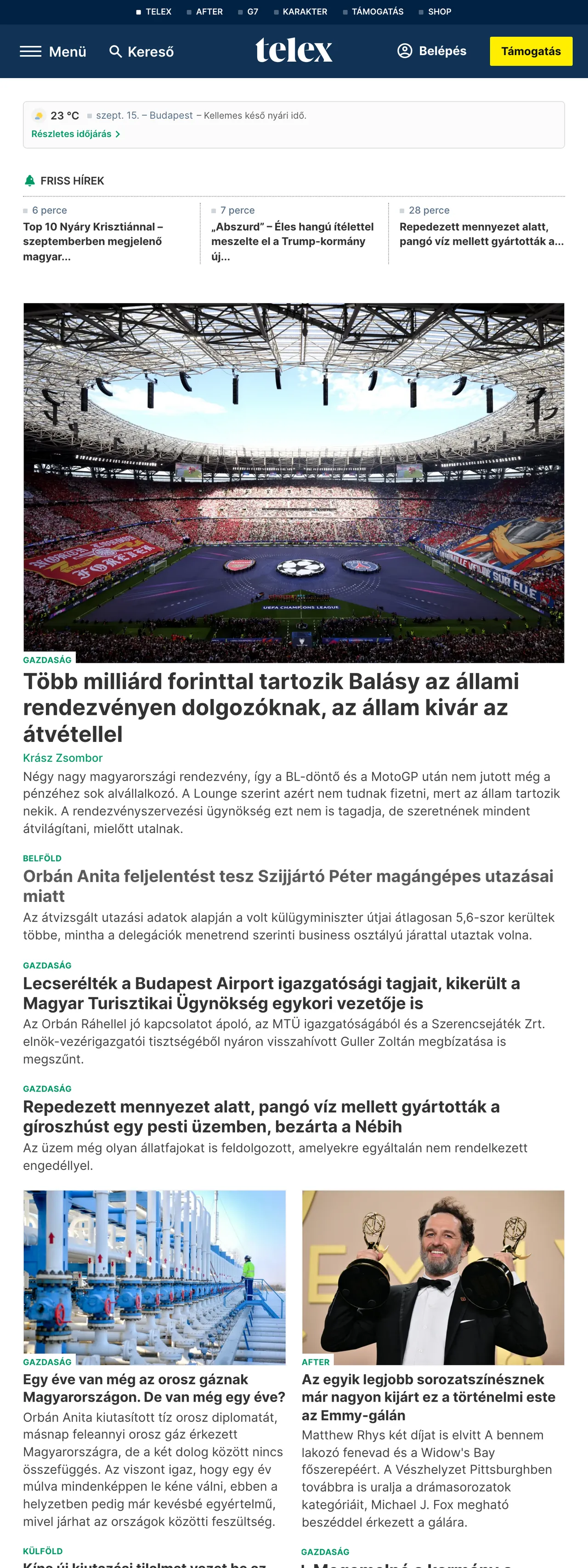 Screenshot of the Telex front page