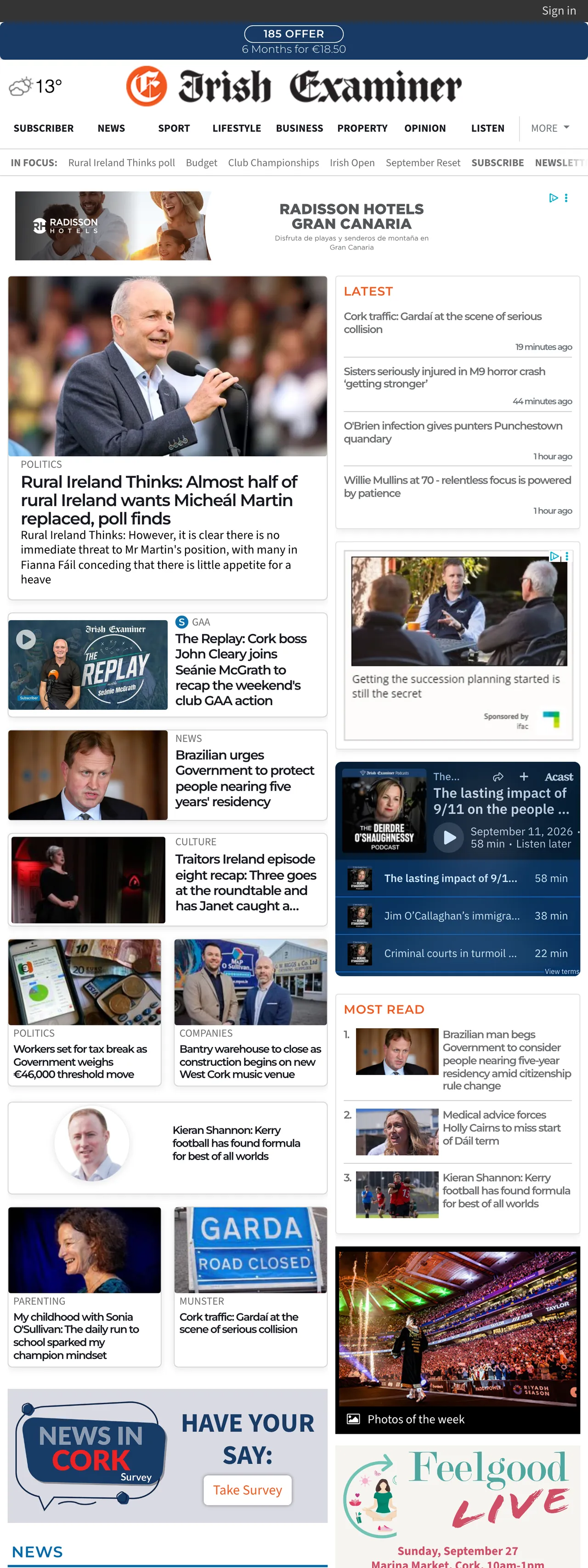 Screenshot of the Irish Examiner front page