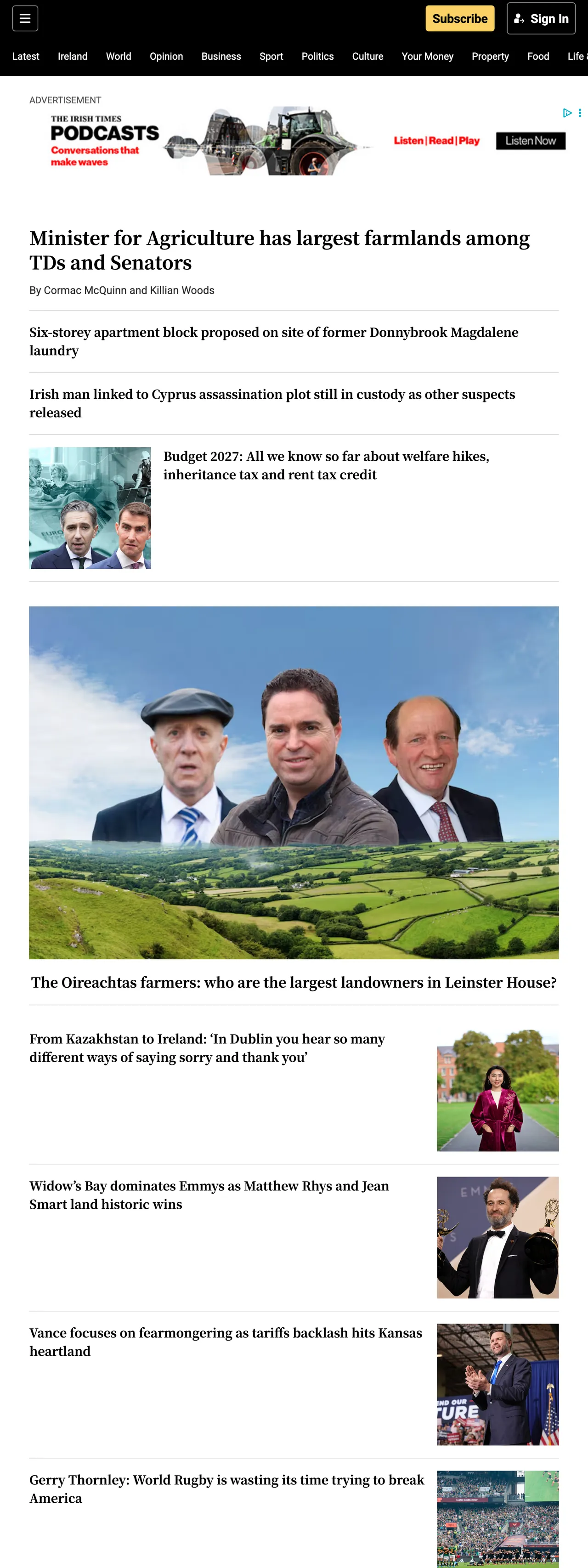 Screenshot of the The Irish Times front page