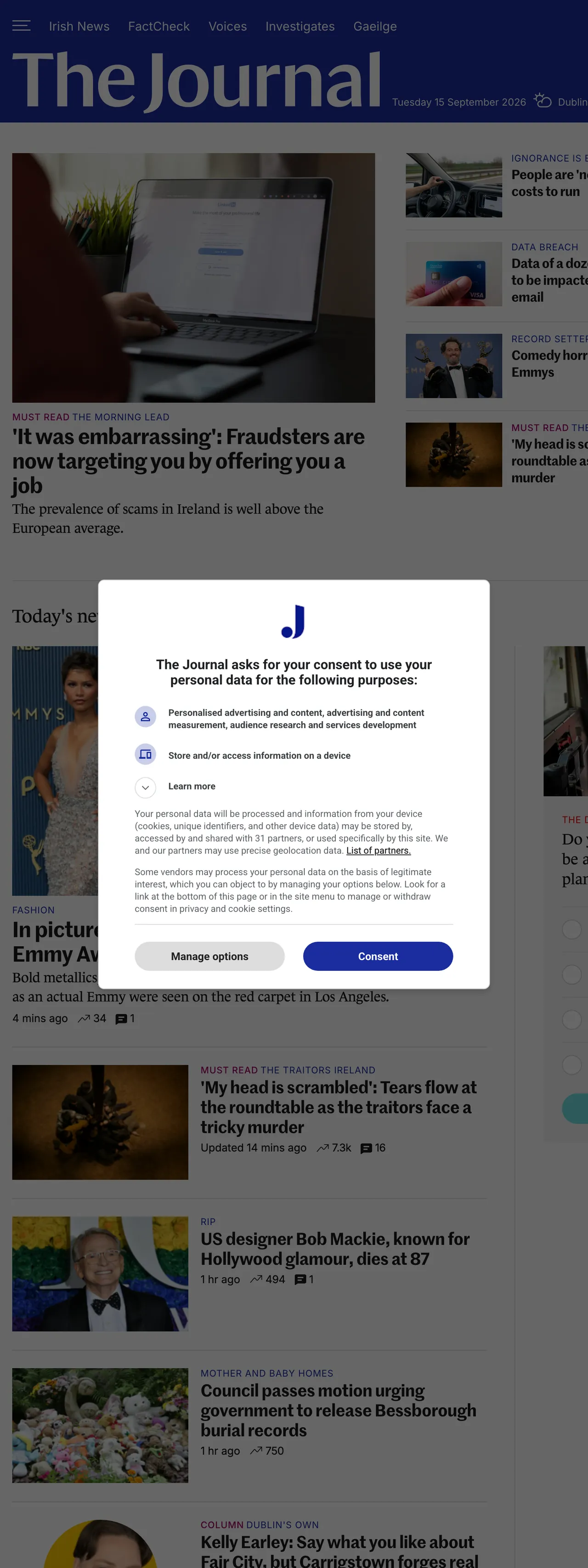 Screenshot of the TheJournal.ie front page