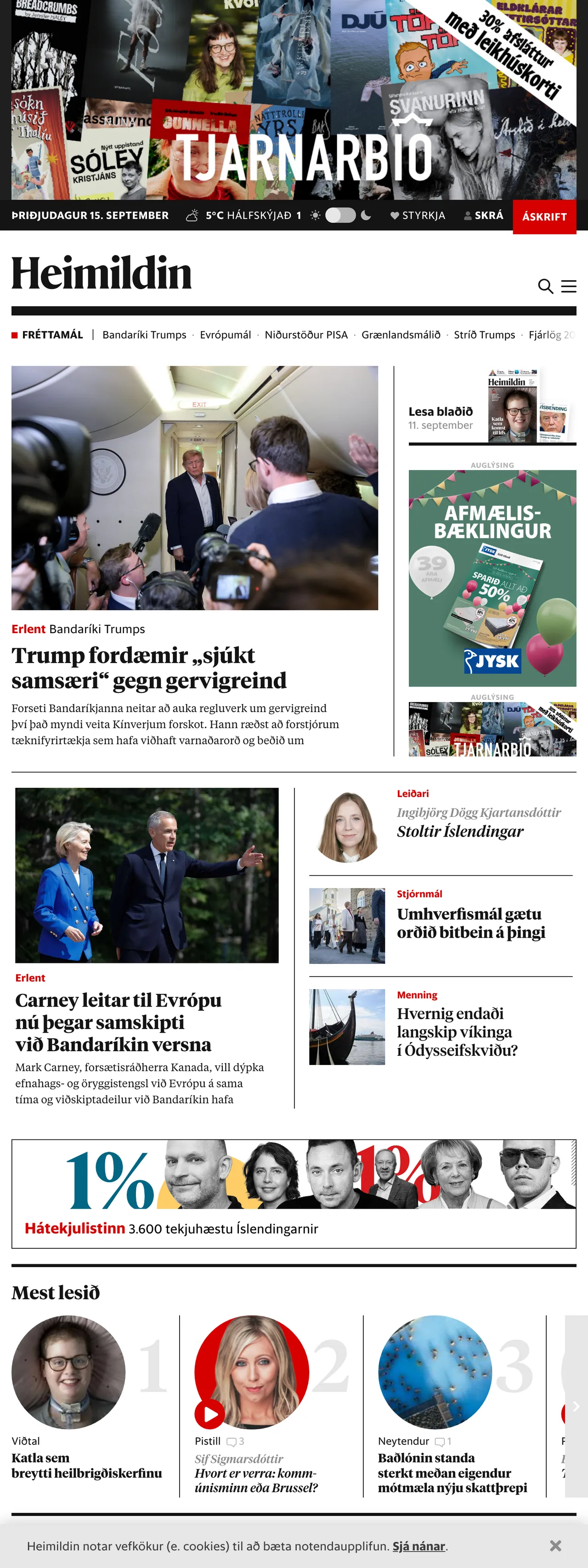 Screenshot of the Heimildin front page