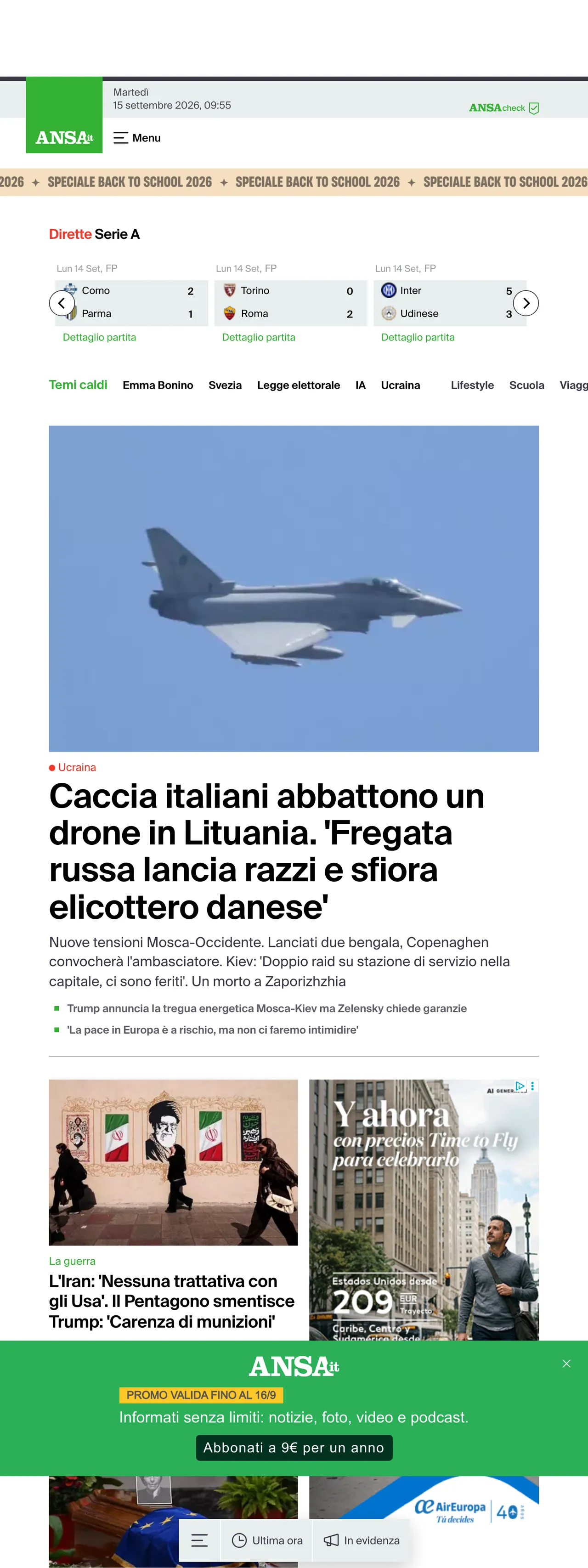 Screenshot of the ANSA front page