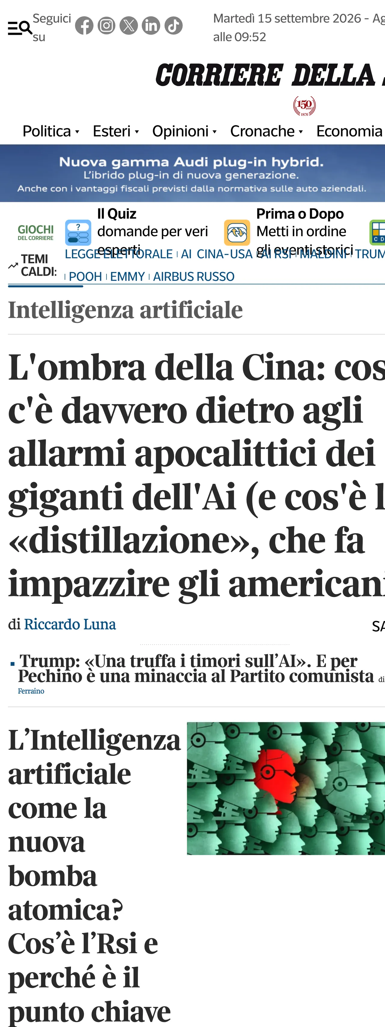 Screenshot of the Corriere della Sera front page