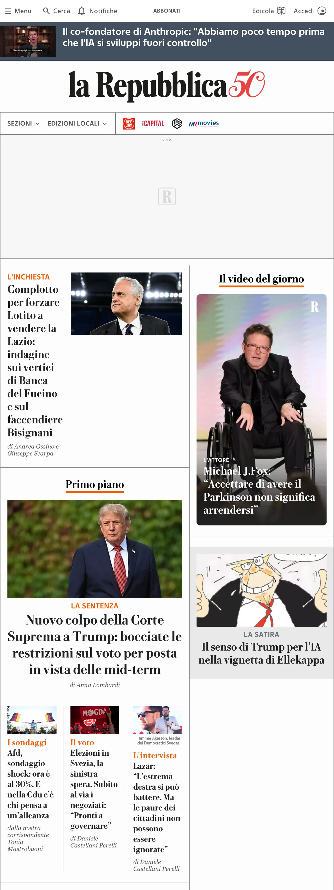 Screenshot of the la Repubblica front page