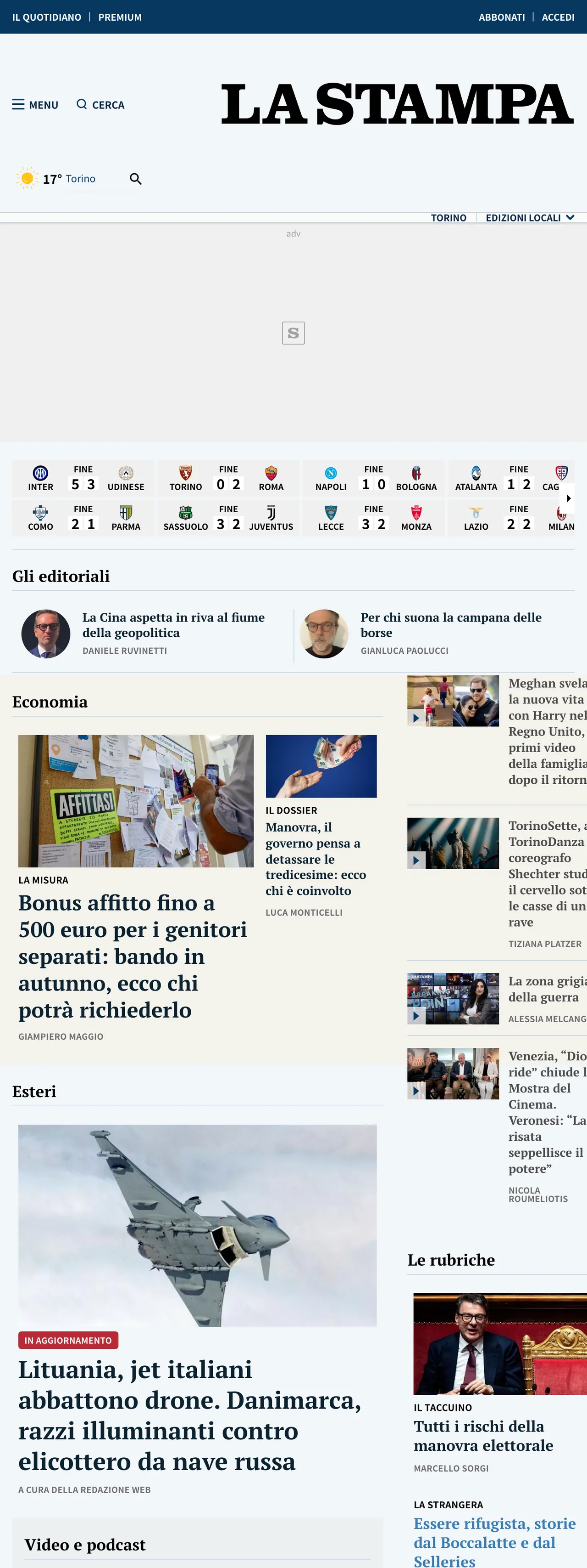 Screenshot of the La Stampa front page