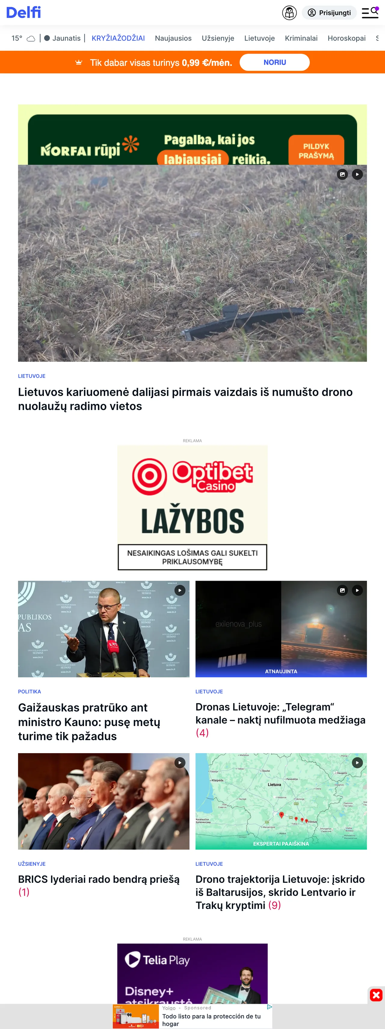 Screenshot of the Delfi front page
