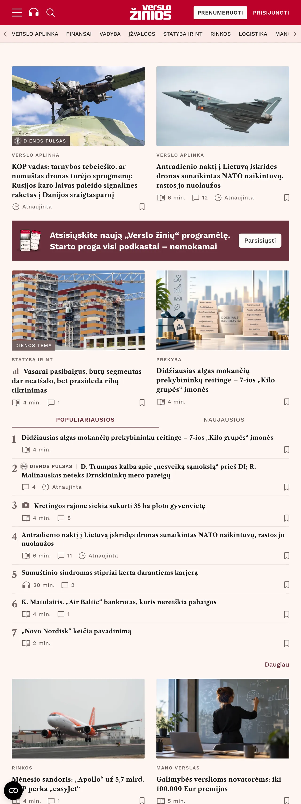 Screenshot of the Verslo žinios front page