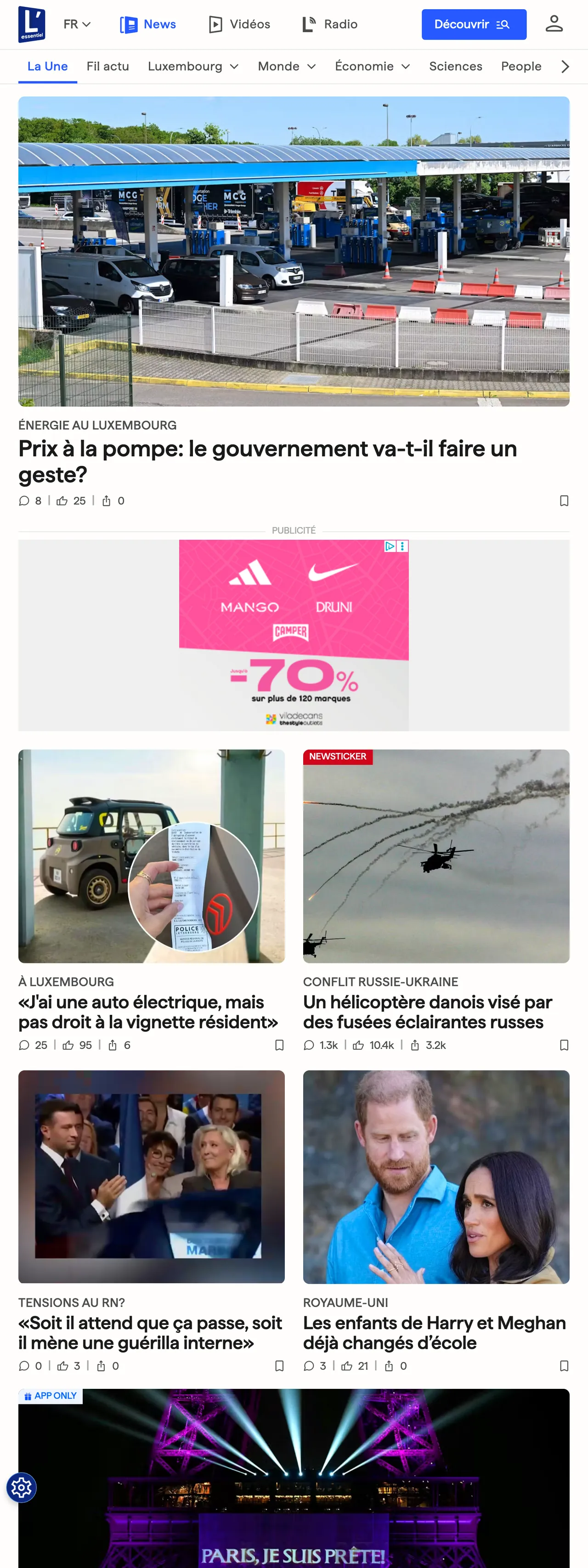 Screenshot of the L'essentiel front page