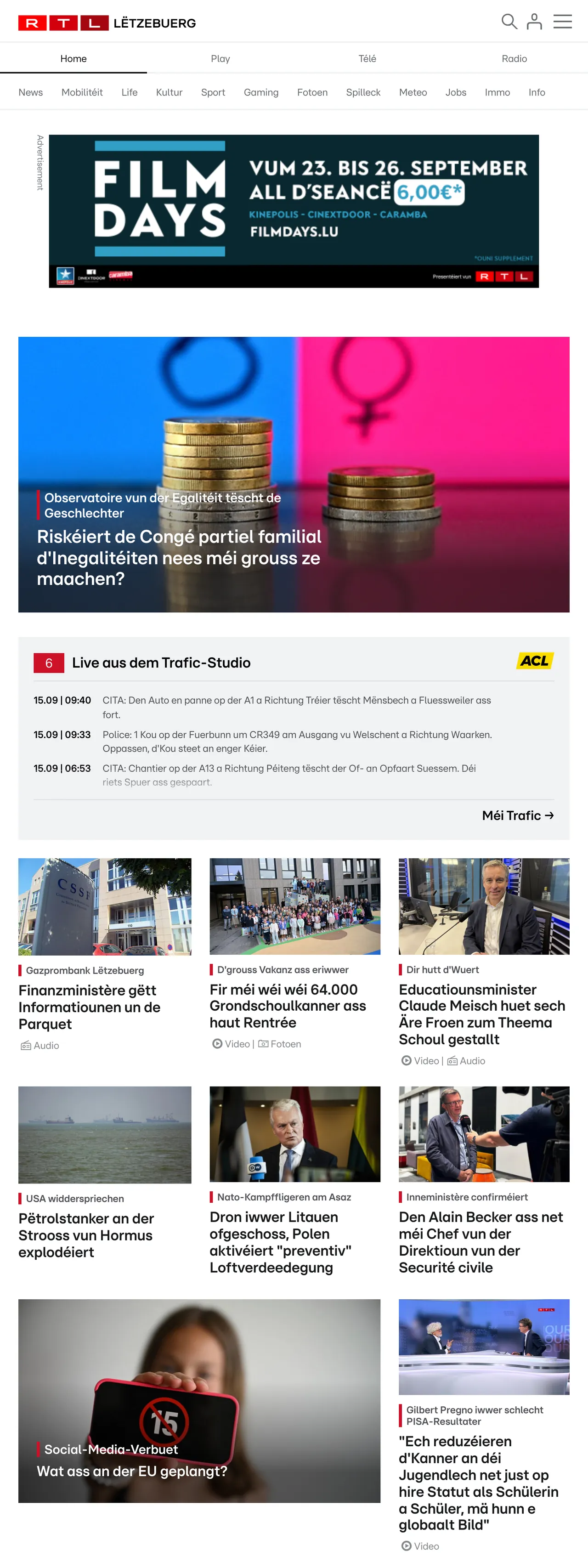 Screenshot of the RTL Lëtzebuerg front page