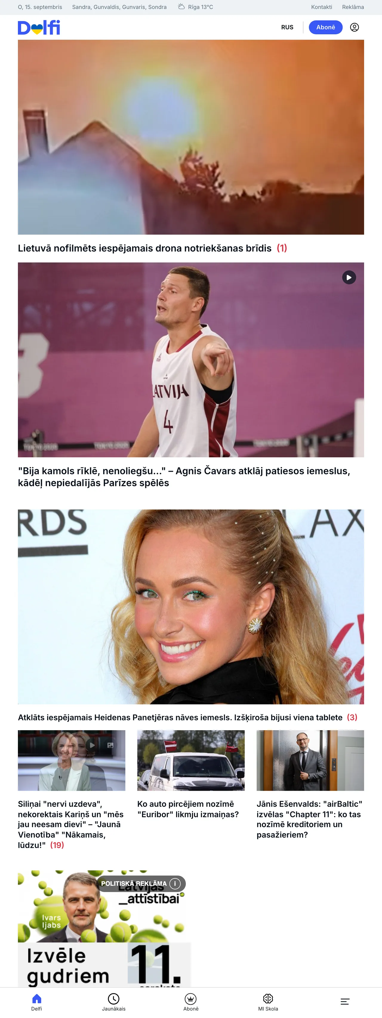 Screenshot of the Delfi front page