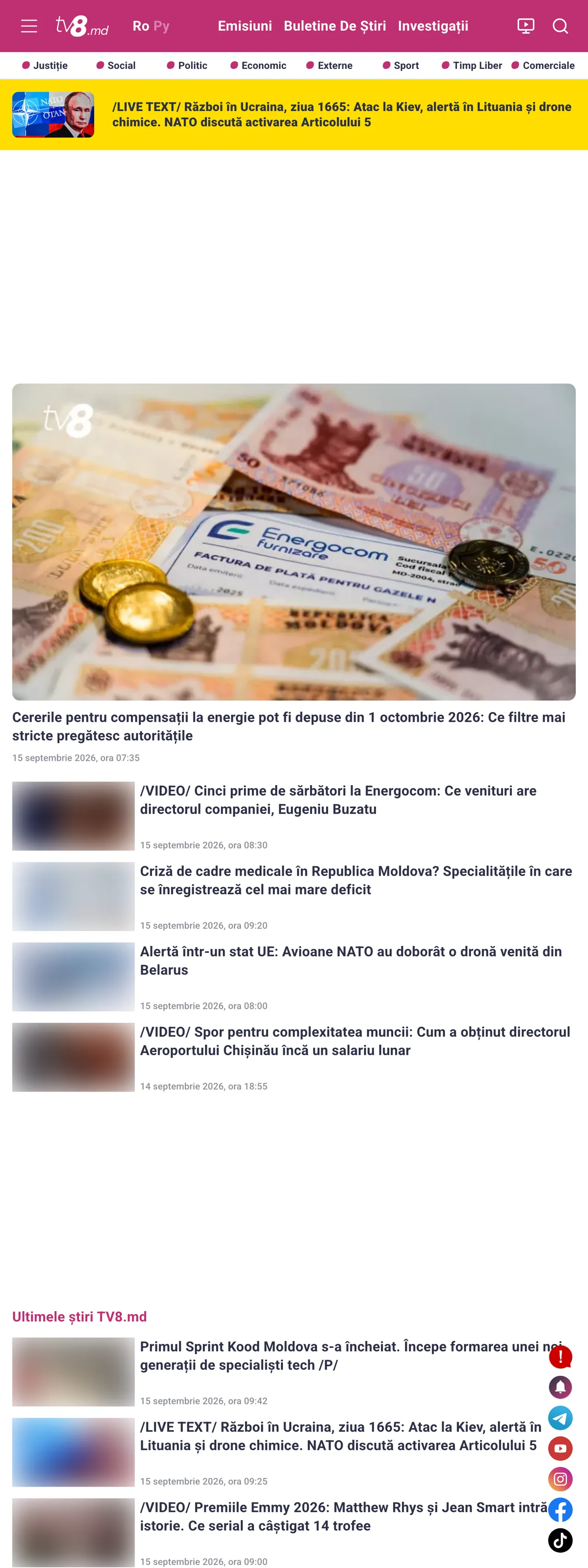 Screenshot of the TV8 front page