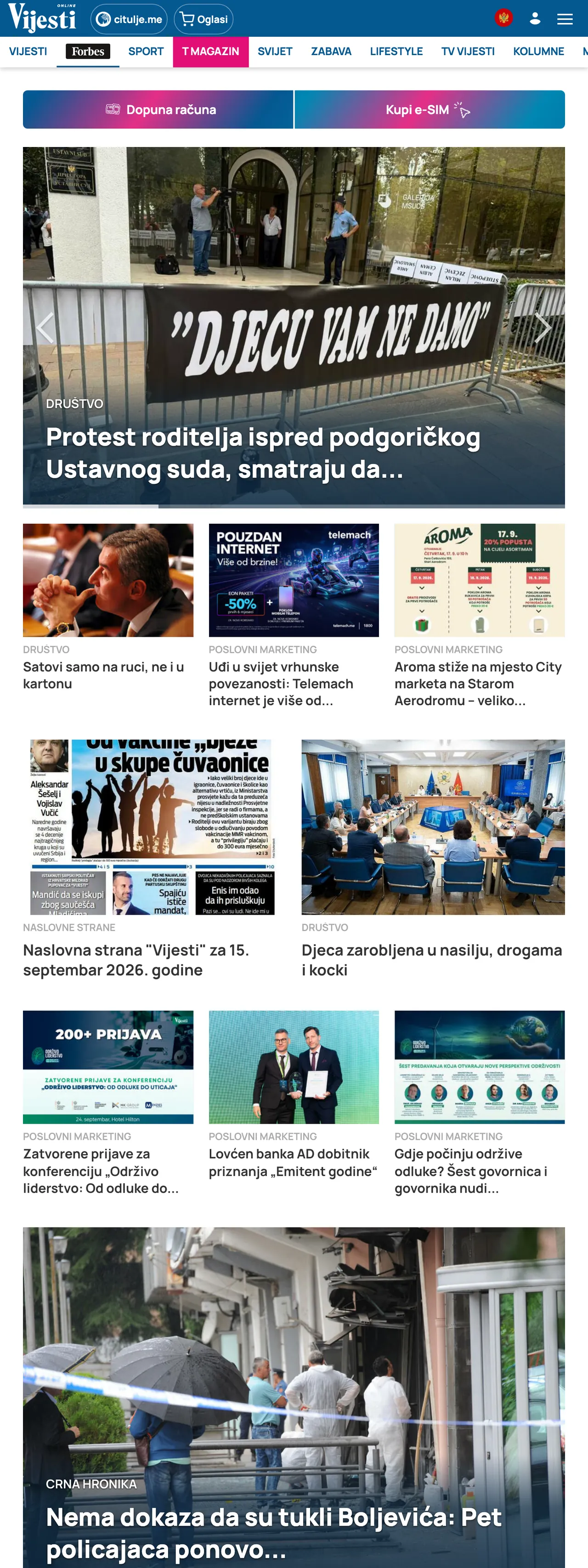 Screenshot of the Vijesti front page